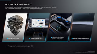 MOTOR 1.5T Y 1.6T GDI PANTALLA DIGITAL 15.6”
CARGADOR INALÁMBRICO
DE CELULARES (40W)* MANIJAS DE APERTURA INVISIBLES
*Imágenes referenciales.
*Especificaciones técnicas varían según versión y están sujetas a cambios sin previo aviso.
*Carga inalámbrica solo para celulares con la tecnología de carga.
La tecnología de Jetour Dashing va más alla gracias al sistema de cierre y apertura automático "KEYLESS".
Con 2 opciones de motorización , 1.5T y 1.6T GDI, no habrá ruta sin recorrer.
Potencia y seguridad
Pon a prueba la resistencia de esta gran SUV
 