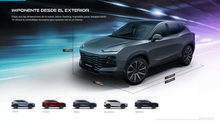 *Imágenes referenciales.
*Especificaciones técnicas varían según versión y están sujetas a cambios sin previo aviso.
azul ROJO GRIS BLANCO NEGRO
1,685 mm
Imponente desde el exterior
Estas son las dimensiones de la nueva Jetour Dashing, imposible pasar desapercibido.
Te ofrece la comodidad necesaria para quienes van en el interior.
1,900 mm
2,720 mm
4,590 mm
 