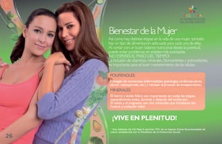 Bienestar de la Mujer
     Así como hay distintas etapas en la vida de una mujer, también
     hay un tipo de alimentación adecuada para cada una de ellas.
     Al contar con un buen balance nutricional desde la juventud,
     puede evitar problemas en edades más avanzadas.
     ¡NO ESPERES EL PASO DEL TIEMPO!
     La inclusión de vitaminas, minerales, fitonutrientes y antioxidantes
     es importante para el buen mantenimiento de las células.

      POLiFEnOLEs:
     Protegen de numerosas enfermedades (patologías cardiovasculares,
     cáncer, osteoporosis, etc.) y retrasan el proceso de envejecimiento.
      minERaLEs:
      El hierro y ácido fólico son importantes en todas las etapas,
      especialmente antes, durante y después del embarazo.
      El calcio y el magnesio son dos minerales que fortalecen los
      huesos a cualquier edad.


       ¡VIVE EN PLENITUD!
      * Tres tabletas de Cal Mag D aportan 75% de la Ingesta Diaria Recomendada de
      calcio, establecida por el Ministerio de la Protección Social.

26
 