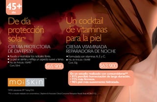 45+ años

De día                                                                         Un cocktail
protección                                                                     de vitaminas
solar*                                                                         para la piel
CREMA PROTECTORA                                                               CREMA VITAMINADA
DE DIA FPS30                                                                   REPARADORA DE NOCHE
  Ayuda a neutralizar los radicales libres.                                       Formulada con vitaminas A, E y C.
  La piel se siente y refleja un aspecto suave y terso.                           No. de Artículo: 106488
  No. de Artículo: 106487                                                         Cont. 50g
  Cont. 50ml
                                                  $65.900                                                                   $63.900
                                                                                     En un estudio realizado con consumidoras**
                                                                                     • 91% percibió humectación de larga duración.
                                                                                     • 71% más firmeza.
                                                                                     • 96% piel más suavemente hidratada.

*AMA Laboratories SPF Testing FDA.
**En un estudio realizado con consumidoras. ( Stephens & Associates Clinical Consumer Perception Results Study #C08-C115)
 
