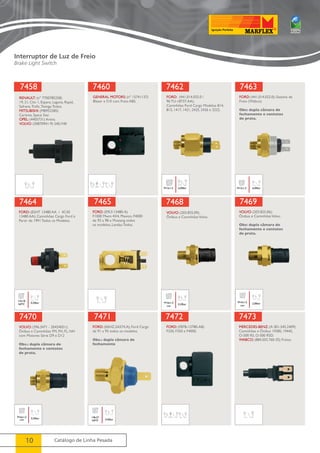 7458 
RENAULT: (nº 7700785258) 
19, 21, Clio 1, Espace, Laguna, Rapid, 
Safrane, Trafic, Twingo Todos. 
MITSUBISHI: (MB953385) 
Carisma, Space Star. 
OPEL: (4405731) Arena. 
VOLVO: (30870941-9) S40, V40 
7460 
GENERAL MOTORS: (nº 15741137) 
Blazer e S10 com Freio ABS. 
7464 
7465 
7470 
7471 
10 Catálogo de Linha Pesada 
7462 
FORD: (441.014.025.0 / 
96 TU-18737.AA); 
Caminhões Ford Cargo Modelos 814, 
815, 1417, 1421, 2425, 2426 e 3222. 
M12x1,5 6,00bar 
7463 
FORD: (441.014.022.0); Sistema de 
Freio (Wabco). 
Obs: dupla câmara de 
fechamento e contatos 
de prata. 
M12x1,5 6,00bar 
FORD: (E5HT 13480 AA / 4C45 
13480 AA); Caminhões Cargo Ford à 
Partir de 1991 Todos os Modelos. 
0,30bar 
1/4x18 
NPTF 
FORD: (E9LY-13480-A) 
F1000 Mwm 4X4, Maxion, F4000 
de 93 a 98 e Mustang todos 
os modelos, Landau Todos. 
7468 
VOLVO: (203.825.09); 
Ônibus e Caminhões Volvo. 
M16x1,5 
con 
0,20bar 
7469 
VOLVO: (203.825.06); 
Ônibus e Caminhões Volvo. 
Obs: dupla câmara de 
fechamento e contatos 
de prata. 
M16x1,5 
con 
2,00bar 
VOLVO: (396.3471 - 20424051); 
Ônibus e Caminhões FM, FH, FL, NH 
com Motores Série D9 e D12 
Obs.: dupla câmara de 
fechamento e contatos 
de prata. 
M16x1,5 0,30bar 
con 
FORD: (E6HZ.2A574.A); Ford Cargo 
de 91 a 95 todos os modelos. 
Obs.: dupla câmara de 
fechamento 
1/8x27 
NPTF 4,50bar 
7472 
FORD: (F87B-13780-AB) 
F250, F350 e F4000. 
7473 
MERCEDES-BENZ: (A 001.545.2409) 
Caminhões e Ônibus 1938S, 1944S, 
O-500 RS, O-500 RSD. 
WABCO: (884.503.760-35) Freios. 
Interruptor de Luz de Freio 
Brake Light Switch 
 