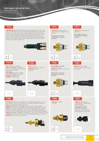 7476 
FIAT ALLIS: (87.457.220 CNH / 
FG190.110.200-75.254.585); Tratores 
Fiat Allis. 
7477 
SONED: Universal Sistemas de 
Lubrificação. 
Obs: dupla camara de 
fechamento e contatos 
de prata 
7483 
7487 
Catálogo de Linha Pesada 11 
Interruptor de Luz de Freio 
Brake Light Switch 
7475 
MERCEDES-BENZ: (A.696.545.0009) Furgões Sprinter; Caminhões 710, 712E, 1214, 
1218, 1614, 1618, 1620, 1718, 1723, 2414, 2418, 2428, 2423B, 2423K, L1218, L1218R, 
L1318, L1319, L1418, L1418R, L1614, L1618, L1620, L1621, L1622, L1623, L1634, 
L1929, L1935, L1938, L2635, L2638, LK1218, LK1218R, LK1318, LK1319, LK1418R, 
LK1614, LK1618, LK1620, LK1621, LK2635, LK2638, LS1621, LS1622, LS1625, 
LS1625, LS1630, LS1630, LS1632, LS1634, LS1929, LS1935, LS1938, LS2635, LS2638; 
Ônibus LO-712, LO-812, LO-814, O-371, O-400, O-500, OF-1721, OH-1318, OH- 
1418, OH-1421L, OH-1525, OH-1621L 
M12x1,0 
Obs: dupla camara de 
fechamento e contatos 
de prata 
M10x1,0 14bar 
con 
M10x1,0 20bar 
con 
7479 
FIAT: (46840511 - 46742976 - 
46834703 - 606885431 - 60816500) 
Bravo, Idea, Panda, 500, Stilo, Punto, Doblo, 
Ducato à partir de 2006. 
(2 Terminais). 
ALFA ROMEU: (46742976 - 46840511) 
147, 156, 159, BRERA. (2 Terminais). 
PEUGEOT: (453438) Boxer. 
CITROEN: (453438) Jumper. 
7480 
FIAT: (51713873) 
Doblo e Ducato com 2 Terminais. 
PEUGEOT: (4534.49) 
Boxer 2.8 
7481 
JOHN DEERE: (DQ09686); 
Tratores John Deere. 
VALMET: (711.9267); Tratores Valmet 
à Partir de 93 
Obs: dupla camara de 
fechamento e contatos 
de prata 
M10x1,0 4,5bar 
con 
RENAULT: (77 00 414 986) 
Todos os Modelos com 2 Terminais, 
Master Todos. 
7485 
MITISUBISHI: (MB.435457) - (MB.229024) - (MR.122560); Modelos L200 2.0 e 2.5D, 
Eclipse, Galant, Lancer, Monteiro, Pajero Todos os Modelos e 3000 GT, Outlander, 
Pajero Sport, Space Runner, Space Star, Starion. 
SUZUKI: (37740-60A00) - (37740-60D01); Swift 1.0, 1.3 e 1.6, Vitara e Sidekick. 
TOYOTA: (84340-01010) - (84340-28010) - (84340-30030) - (84340-32010) - (84340- 
32030); Camry, Corola e Hilux, Land Cruiser, Land Cruiser80, Previa, Starlet, Tercel. 
KIA: (0B001-66-490B - DX5066490 - KKY01-66-490 - MDX50-66-49) Avella, Besta, Ca-rens, 
Carnival, Clarus, K2500, K2700, Pregio, Pride, Retona, Rio, Sephia, Shuma, Sportage 
MAZDA: (B00166490 - B00266490 - UH7166490) 121, 323, 323 C, 323 F, 323 P, 323 S, 626, 
929, B-Serie, BT-50, Demio, E-Serie, MPV, MX-3, MX-5, MX-6, Premacy, RX 7, Xedos 6 
DAIHATSU: Cuore, Move, Sirion, Terios, YRV 
7486 
TROLLER: (0101909) 
Troller T4 
M10x1,25 M12x1,25 
HONDA: (35350-S5A-J01- 
335350-S5A-J02 - 33350-S5A-J04- 
35350-SMA-003) 
Civic. Fit, Accord, CR-V. 
MITSUBISHI: (MR228924- 
MN103232 - MR141210) 
Pajero Full, Triton, TR4, Lancer, 
Outlander, Galant, Eclipse Todos. 
 