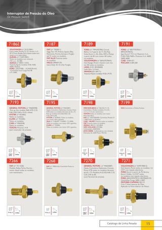 7191 
7199 
7271 
Catálogo de Linha Pesada 15 
Interruptor de Pressão do Óleo 
Oil Pressure Switch 
7186E 
VOLKSWAGEN: (nº 021919081) 
Fusca, sedan, Kombi, TL, TC, Variant I e II, 
SP II, Puma, Brasilia, Gol e Saveiro todos com 
motor a ar e rosca cônica. 
GURGEL: (nº CAE919081) 
Todos os modelos com motores 
VW a ar - Br 800. 
AGRALE: (nº 8005111033) 
Tratores Agrale modelos 4100, 4200, 
4300 e Bobcat. 
FORD: (2SL919081 - XC459278-AA) 
Caminhões Ford Cargo Até 98 
e F-12000.. 
M10x1,0 0,30bar 
7187 
FIAT: (nº 7502811) 
Oggi, Fiat 147, Prêmio, Spazio, Elba, 
Panorama, Fiorino, Europa e Furgão 
até 91 todos os modelos. 
FIAT ALLIS: Tratores todos 
os modelos. 
IVECO: (98469129) 
Iveco Daily 35-10 e Van Furgão. 
M14x1,5 0,50bar 
7189 
FORD: (nº 79MU9278A) Corcel, 
Belina I e II apartir de 71. Del Rey, 
Scala, Escort L, GL, Ghia, XR3 e Pampa 
a partir de 82 com motor AE todos 
os modelos. 
VOLKSWAGEN: (nº 86AU9278AA) 
Gol, Voyage, Parati e Saveiro com mo-tor 
AE todos os modelos. 
LADA: (2101.38100600) 
Lada Niva 1.6 4wd. 
MAXION: (021.369-T1) 
Tratores Maxion modelos 9150 e 9170. 
M14x1,5 0,40bar 
FORD: (nº BD7T9278-A / 
89HU9278AA); 
Jipe, Rural, F 75 4 cil. Maverick 4 cil., 
F100, F350, F600 e Tratores 4 cil., 4600, 
5600, 6600. 
CASE: E.064.421 
POCLAIN: 5.284.268 
1/4x18 0,30bar 
NPTF 
7193 
GENERAL MOTORS: (nº 94600398) 
Pick-up Gm modelo D60, D70, C10, 
C60, D20, D40 e D10 a diesel. 
HYSTER: (nº 822682) 
Todos os modelos. 
CLARK: (nº 752585) 
Todos os modelos. 
CASE: (nº E062038) 
Todos os modelos. 
TOYOTA: Motores 14 B 
(sem mostrador de pressão) 
1/8x27 0,45bar 
NPTF 
7195 
GENERAL MOTORS: (nº 94603087) 
Opala, Comodoro, Diplomata, Caravan, Puma 
GTB todos os modelos. Veraneio de 65 a 75. 
Pick-up modelos A10, A20, A40, C10, 
C20, C40 de 85. 
HYSTER: (nº 818565) Todos os modelos 
com motor GM a gasolina. 
YALE: (nº 7100399 / 7103090 / 7113090) 
Todos os modelos com motor GM a gasolina. 
CLARK: (nº 752585) 
Todos os modelos com motor GM a gasolina. 
1/8x27 0,60bar 
NPTF 
7198 
MERCEDES-BENZ: (nº 346.542.711.7); 
Caminhões e Ônibus modelos 312, 321, 
1111 e 1113 sem manômetro. 
TOYOTA: Todos os modelos com motor 
Mercedes-Benz. 
FIAT: (nº 16257300200); Caminhões Modelo D 
11000, Todos os Modelos. 
CASE / VALMET: Tratores todos os modelos. 
CBT: Tratores todos os modelos. 
AGRALE: 800.511.103.308.8 
NEW HOLLAND: (R75786) 
Colheitadeira 4040/5050 
JOHN DEERE: Colheitadeiras com Unidade 
Hidráulica Slc 6200 Motor MB 352. 
M10x1,0 0,45bar 
con 
VDO: Caminhões e Ônibus Rodoar. 
M10x1,0 7,00bar 
con 
7266 
FIAT: (nº 7511028) 
Modelo, Rallye, Turbo, Fiorino - 
motor diesel todos os modelos 
com manômetro. 
M14x1,5 0,50bar 
7268 
FIAT: (nº 79855165); Caminhões Todos os 
Modelos. 
M12x1,5 0,50bar 
7270 
GENERAL MOTORS: (nº 94603087) 
Opala, Comodoro, Diplomata, Caravan, 
Puma GTB todos os modelos. Veraneio 
de 65 a 75. Modelos A10, A20, A40, C10, 
C20, C40 de 85. 
(com Terminal de encaixe). 
1/8x27 0,60bar 
NPTF 
VOLKSWAGEN: (nº 0299190812) 
Gol, Saveiro, Parati todos os modelos 1.6 
CHT com injeção eletrônica. 
FORD: Escort a partir de 92, Verona, 
Escort Hobby 1.6 CHT todos 
os modelos com injeção eletrônica. 
FORD: (BG5X9F479CA 2RO906051D) 
Caminhões Cargo 2005 à 2007. 
MOTORES CUMMINS: ISB 3.9 
Com 2 Interruptores de Óleo 
Aplicado na Parte Inferior do Motor. 
M14x1,5 0,40bar 
 