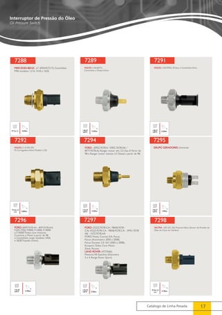 7291 
7295 
7298 
Catálogo de Linha Pesada 17 
Interruptor de Pressão do Óleo 
Oil Pressure Switch 
7288 
MERCEDES-BENZ: (nº 6955427217); Caminhões 
M96 modelos 1214, 1418 e 1620. 
M12x1,5 0,60bar 
7289 
VOLVO: (160.6877); 
Caminhões e Ônibus Volvo. 
1/8x27 0,50bar 
NPTF 
VOLVO: (160.9395); Ônibus e Caminhões Volvo. 
1/8x27 0,50bar 
NPTF 
7292 
VOLVO: (110.392.49); 
Pá Carregadeira Volvo Modelo L120. 
0,80bar 
M10x1,0 
con 
7294 
FORD: (E9SZ.9278.A / E9SC.9278.AA / 
BF7T.9278.A); Ranger motor ohc 2.5 Gas. A Partir de 
98 e Ranger motor maxion 2.5 Diesel a partir de 98. 
1/4x18 
NPTF 0,40bar 
GRUPO GERADORES: Universal 
1/8x27 
NPTF 1,00bar 
7296 
FORD: (BF8T.9278-AA - BF9T.9278-AA) 
F250, F350, F4000, F12000, F14000 
e F16000 Todos com motores 
Cummins e Mwm à partir de 98 
e Caminhões cargo modelos 2426 
e 2628 Traçado (novo). 
1/4x18 
NPTF 0,40bar 
7297 
FORD: (XS2Z.9278-CA / 98AB.9278 - 
CA) XS2Z.9278-CA - 98AB.9278-CA - 3M51.9278. 
AB - 1S7Z.9278.AA 
FORD: Fiesta, Courier, KA, Focus, 
Focus (Automático 2005 à 2008), 
Focus Duratec 2.0 16V (2005 à 2008), 
Ecosport, Todos Com Motor 
Zetec Rocam. 
LAND ROVER: (4737666) 
Motores V8 Gasolina (Discovery 
3 e 4, Range Rover Sport) 
0,40bar 
1/4x18 
NPTF 
VALTRA: (301.021.20); Tratores Valtra (Sensor de Pressão de 
Óleo da Caixa de Câmbio). 
M10x1,0 0,30bar 
con 
 