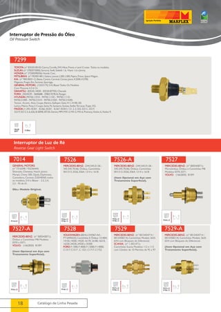 Interruptor de Pressão do Óleo 
Oil Pressure Switch 
7299 
TOYOTA: (nº 8353010010) Camry, Corolla, SW, Hilux, Previa e Land Cruiser. Todos os modelos. 
SUZUKI: (nº 3782073000); Samurai, Swift, Sidekik 1.6, Vitara 1.6 e Jimmy. 
HONDA: (nº 37200590036) Honda Civic. 
MITSUBISHI: (nº MD001481) Galant, Lancer, L200, L300, Pajero, Triton, Space Wagon. 
KIA: (nº 90018501-C) Besta, Carens, Carnival, Cerato, Joice, K2500, K2700, 
Magentis, Pregio, Rio, Sorento, Sportage. 
GENERAL MOTORS: (12553175) S10, Blazer Todos Os Modelos 
Com Motores 4.3 6 Cil. 
DAIHATSU: (83530.14030 - 83530-87705) Charade 
FORD: (3024539 - 3600688 - E9BZ.9278.A) Ranger. 
HYUNDAI: (94750.11010 - 94750.11102 - 94750.11110 - 
94750.21000 - 94750.21010 - 94750.21020 - 94750.21030) 
Tucson, Accent, Atos, Coupe, Elantra, Galloper, Getz, H-1, H100, i30, 
Lantra, Matrix, Pony, S Coupe, Santa Fé, Santamo, Sonata, Stellar, Terracan, Trajet, XG. 
MAZDA: (1.345.18.501 - B.366.18.501 - B.367.18.501) 121, 2, 3, 323, 323 C, 323 F, 
323 P, 323 S, 5, 6, 626, B-SERIE, BT-50, Demio, MPV, MX-3, MX-5, MX-6, Premacy, Xedos 6, Xedos 9. 
1/8x28 0.30bar 
BSPT 
7014 
GENERAL MOTORS: 
(nº 7316598 / 93236444) 
Silverado, Chevette, Hatch, Júnior, 
Marajó, Chevy 500, Opala, Diplomata, 
Comodoro, Caravan, D20/40/60, todos 
os modelos, S10 e Blazer - 2.2, 2.4, 
2.5 - 95 de 01. 
Obs.: Modelo Original. 
7526 
7527-A 
7528 
18 Catálogo de Linha Pesada 
M14x2,0 
MERCEDES-BENZ: (344.545.01.06 - 
345.545.70.06) Ônibus, Caminhões 
0H1313, 0326, 0364, 1214 e 1618. 
7526-A 
MERCEDES-BENZ: (344.545.01.06 - 
345.545.70.06) Ônibus, Caminhões 
0H1313, 0326, 0364, 1214 e 1618. 
(Item Opcional em Aço com 
Tratamento Superficial). 
M24x1,0 
M24x1,0 
M18x1,5 M18x1,5 
7527 
MERCEDES-BENZ: (nº 000545871); 
Microônibus, Ônibus e Caminhões MB 
Modelos 0370, 0371. 
VOLVO: (1662830) B10M 
M24x1,0 
MERCEDES-BENZ: (nº 000545871); 
Ônibus e Caminhões MB Modelos 
0370 e 0371. 
VOLVO: (1662830) B10M 
(Item Opcional em Aço com 
Tratamento Superficial). 
M24x1,0 
VOLKSWAGEN: (85HU-2W067-AA - 
FT16945525) Caminhões E Ônibus 12140H, 
14150, 14200, 14220, 16170, 16180, 16210, 
16220, 24220, 24250 e 35300 
FORD: F-1000, F-4000, F-12000, F-14000, 
C1317, C1517 , C 1521, C1717, C1722 
M18x1,5 
7529 
MERCEDES-BENZ: (nº 0015454714 / 
0015458214); Caminhões Modelo 2635 
6X4 com Bloqueio do Diferencial. 
SCANIA: (nº 1.303.471); 
Caminhões Scania Modelos 112 e 113 
com Câmbio de 10 Marchas de 92 a 97. 
M27x1,0 
M18x1,5 
7529-A 
MERCEDES-BENZ: (nº 0015454714 / 
0015458214); Caminhões Modelo 2635 
6X4 com Bloqueio do Diferencial. 
(Item Opcional em Aço com 
Tratamento Superficial). 
M27x1,0 
M18x1,5 
Interruptor de Luz de Ré 
Reverse Gear Light Switch 
 
