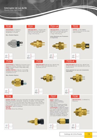 7533 
TOYOTA: (nº 8421098002) 
Toyota Bandeirantes, Pick-Up e Jeep 
todos os modelos. 
7535-A 
EATON: (3003451) 
FORD: (nº 88HU15520AA / 
C9TZ15520-C/ 6L5Z15520A/ 
F4TB.15520.AA) 
Ranger (V6 E 2.5 Diesel), Caminhões: 
Cargo (Todos), F1000, F4000, F12000, 
F14000., Ônibus: B 1618, B 1621 
VOLKSWAGEN: 9-150EOD, 8-150EOD 
Micro; 16-180, 16210 OD; 17-210 OD à 
partir 2001/; 17-240 OT, 18-310 OT; 17- 
260EOT, 18310EOT; 7-100, 8-120, 8-150 
Caminhão Worker; Para Caminhões e 
Ônibus com Câmbio FS 4005 A e FS 
4205 A; Para Caminhões e Ônibus VW 
com Câmbio FS 6306 B e FS 6406 B. 
7538 
MERCEDES-BENZ: (nº 0045452714) 
MB Sprinter. 
Catálogo de Linha Pesada 19 
7530 
VOLKSWAGEN: (nº T.3941521); 
Caminhões VW Leve Modelos 
790, 840, 850, 7110 até 86. 
Obs.: Modelo Original. 
M14x1,5 
7531 
MERCEDES-BENZ: (nº 0015451109/1 / 
005457909); Caminhões MB Modelos 
709, 1214, 1218, 1418, 1420, 1417 
e Atego 1418 6 Marchas. 
M27x1,0 
M12x1,0 
7531-A 
MERCEDES-BENZ: (nº 0015451109/1 / 
005457909); Caminhões MB Modelos 
709, 1214, 1218, 1418, 1420, 1417 
e Atego 1418 6 Marchas. 
(Item Opcional com Tratamen-to 
Supercial). 
M27x1,0 
M12x1,0 M18x1,5 
7534 
VOLKSWAGEN: (nº TE6941521); Caminhões Leves e 
Microônibus Modelos 7100, 8140, 11130 e 11140. 
FORD: Caminhões Modelos F1000, F4000, F7000, 
F11000, F14000. 
GENERAL MOTORS: (15.566.155 - 07.316.598); 
Caminhões GM modelos 12.170, 14-190, 15-190 
e16-220 Séries A,C,D. 
Obs.: Modelo Original. 
M14x2,0 
7535 
MERCEDES-BENZ: (005.545.7106 - 000.545.7106 - 
ZF 0501.313.916) 1618, 1620,2428, 2423 com 
Transmissão ZF 9S-75 
M27x1,0 
M18x1,5 
MERCEDES-BENZ: (005.545.7106 - 000.545.7106 - 
ZF 0501.313.916) 1618, 1620,2428, 2423 com Trans-missão 
ZF 9S-75 
(Item opcional em aço com tratamento 
superficial). 
M27x1,0 
M18x1,5 
7536 
GENERAL MOTORS: (Caixas Eaton: FSO1305A, FSO1305B, FSO2305B, FSO2405B, 
FSO2405J, FSO2405K.) (90.245.033 - 90.482.454 - 93.329.852 - 93.717.60); Agile 
Todos, Celta, Prisma, Corsa, Wind, Sedan, Super, Wagon, Pick-up, Calibra, Tigra, Todos 
os Modelos com Injeção Eletrônica. Vectra à Partir de 96. Blazer e S10 2.4, 2.8 e 4.3 
à Partir de 2001. Meriva, Montana 1.4/1.8, Zafira e Astra. Todos os modelos. 
MITISUBISHI: L200 R (Competição) 
TROLLER 
TAC-STARK (Veículo Tipo Off-Road) 
M12x1,5 
7537 
M14x1,5 
M27x1,0 
M30x1,5 
Interruptor de Luz de Ré 
Reverse Gear Light Switch 
 