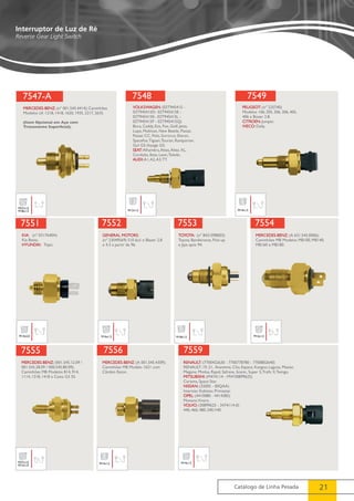 7549 
7554 
Catálogo de Linha Pesada 21 
Interruptor de Luz de Ré 
Reverse Gear Light Switch 
7547-A 
MERCEDES-BENZ: (nº 001.545.4414); Caminhões 
Modelos LK 1218, 1418, 1620, 1935, 2217, 2635. 
(Item Opcional em Aço com 
Tratamento Superficial). 
M27x1,0 
M18x1,5 
7548 
VOLKSWAGEN: (02T945415 - 
02T945415D- 02T945415E - 
02T945415K- 02T945415L - 
02T945415P - 02T945415Q) 
Bora, Caddy, Eos, Fox, Golf, Jetta, 
Lupo, Multivan, New Beetle, Passat, 
Passat CC, Polo, Scirocco, Sharan, 
Spacefox, Tiguan, Touran, Ransporter, 
Gol G5, Voyage G5. 
SEAT: Alhambra, Altea, Altea XL, 
Cordoba, Ibiza, Leon, Toledo. 
AUDI: A1, A2, A3, TT. 
M12x1,5 
PEUGEOT: (nº 225740) 
Modelos 106; 205, 206, 306, 405, 
406 e Boxer 2.8. 
CITROEN: Jumper. 
IVECO: Daily. 
M14x1,5 
7551 
Kia: (nº 0317640A) 
Kia Besta. 
HYUNDAI: Topic. 
M14x2,0 
7552 
GENERAL MOTORS: 
(nº 23049569) S10 6cil. e Blazer 2.8 
e 4.3 à partir de 96. 
M16x1,5 
7553 
TOYOTA: (nº 8421098003) 
Toyota Bandeirante, Pick-up 
e Jipe após 94. 
M18x1,5 
MERCEDES-BENZ: (A 631.545.0006); 
Caminhões MB Modelos MB100, MB140, 
MB160 e MB180. 
M16x1,5 
7555 
MERCEDES-BENZ: (001.545.12.09 / 
001.545.28.09 / 000.545.80.09); 
Caminhões MB Modelos 814, 914, 
1114, 1218, 1418 e Caixa G3 55. 
M27x1,0 
M12x1,0 
7556 
MERCEDES-BENZ: (A 001.545.4309); 
Caminhões MB Modelo 1621 com 
Câmbio Eaton. 
M14x1,5 
7559 
RENAULT: (7700422630 - 7700778780 - 7700802640) 
RENAULT: 19, 21, Avantime, Clio, Espace, Kangoo, Laguna, Master, 
Megane, Modus, Rapid, Safrane, Scenic, Super 5, Trafic II, Twingo. 
MITSUBISHI: (M474114 - MW30899625) 
Carisma, Space Star. 
NISSAN: (32005 - 00QAA) 
Interstar, Kubistar, Primastar. 
OPEL: (4410080 - 4414385) 
Movano, Vivaro. 
VOLVO: (30899625 - 3474114-0) 
440, 460, 480, S40, V40 
M14x1,5 
 