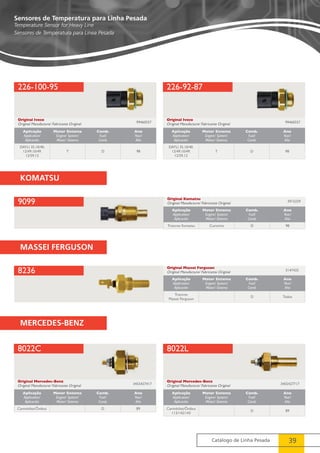 Original Komatsu 
Original Manufacture/ Fabricante Original 
Aplicação 
Application/ 
Aplicación 
Motor Sistema 
Engine/ System/ 
Motor/ Sistema 
Tratores Komatsu Cummins D 98 
Original Massei Ferguson 
Original Manufacture/ Fabricante Original 
3915329 
Ano 
Year/ 
Año 
3147425 
Comb. 
Fuel/ 
Comb. 
Motor Sistema 
Engine/ System/ 
Motor/ Sistema 
Comb. 
Fuel/ 
Comb. 
Ano 
Year/ 
Año 
Massei Ferguson D Todos 
Catálogo de Linha Pesada 39 
Sensores de Temperatura para Linha Pesada 
Temperature Sensor for Heavy Line 
Sensores de Temperatura para Línea Pesada 
226-100-95 226-92-87 
Original Iveco 
Original Manufacture/ Fabricante Original 
Original Iveco 
99460557 Original Manufacture/ Fabricante Original 99460557 
Aplicação 
Application/ 
Aplicación 
Motor Sistema 
Engine/ System/ 
Motor/ Sistema 
Comb. 
Fuel/ 
Comb. 
Ano 
Year/ 
Año 
DAYLI 35.10/40. 
12/49.10/49. 
12/59.12 
T D 98 
Aplicação 
Application/ 
Aplicación 
Motor Sistema 
Engine/ System/ 
Motor/ Sistema 
Comb. 
Fuel/ 
Comb. 
Ano 
Year/ 
Año 
DAYLI 35.10/40. 
12/49.10/49. 
12/59.12 
T D 98 
9099 
8236 
Aplicação 
Application/ 
Aplicación 
Tratores 
8022C 8022L 
Original Mercedes-Benz 
Original Manufacture/ Fabricante Original 
Original Mercedes-Benz 
Original Manufacture/ Fabricante Original 
3455427417 3455427717 
Aplicação 
Application/ 
Aplicación 
Motor Sistema 
Engine/ System/ 
Motor/ Sistema 
Comb. 
Fuel/ 
Comb. 
Ano 
Year/ 
Año 
Caminhões/Ônibus D 89 
Aplicação 
Application/ 
Aplicación 
Motor Sistema 
Engine/ System/ 
Motor/ Sistema 
Comb. 
Fuel/ 
Comb. 
Ano 
Year/ 
Año 
Caminhões/Ônibus 
113/142/143 D 89 
KOMATSU 
MASSEI FERGUSON 
MERCEDES-BENZ 
 