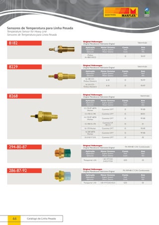 8182 
8229 
Aplicação 
Application/ 
Aplicación 
Motor Sistema 
Engine/ System/ 
Motor/ Sistema 
16-180 CO - 
Ônibus Dianteiro 6.10 D 93-97 
16-210 CO - 
Ônibus Dianteiro 6.10 D 93-97 
8268 Original Volkswagen 
294-80-87 
286-87-92 
44 Catálogo de Linha Pesada 
Original Volkswagen 
Original Manufacture/ Fabricante Original 
Original Volkswagen 
Original Manufacture/ Fabricante Original 
Comb. 
Fuel/ 
Comb. 
Ano 
Year/ 
Año 
Original Manufacture/ Fabricante Original TAV.919.501 
Aplicação 
Application/ 
Aplicación 
Motor Sistema 
Engine/ System/ 
Motor/ Sistema 
12-170 BT 6BTA 
Worker Cummins 5.9 T D 97-00 
13-170/13-190 Cummins 5.9 T D 00-01 
14-170 BT 6BTA 
Worker Cummins 5.9 T D 97-00 
15-190/15-170 Cummins 5.9 
190 CV D 01 
16-170 Worker Cummins 5.9 T D 93-00 
16-200 6BTA 
Worker Cummins 5.9 T D 97-00 
23-210/17-210 Cummins 5.9 T D 02 
Original Volkswagen 
Original Manufacture/ Fabricante Original 
Original Volkswagen 
Original Manufacture/ Fabricante Original 
TER.919.501 
TAR.919.501 
Comb. 
Fuel/ 
Comb. 
Ano 
Year/ 
Año 
701.959.481 C/Ar Condicionado 
701.959.481.C C/Ar Condicionado 
Aplicação 
Application/ 
Aplicación 
Motor Sistema 
Engine/ System/ 
Motor/ Sistema 
Comb. 
Fuel/ 
Comb. 
Ano 
Year/ 
Año 
Ônibus 
16-180/210CO D 93-97 
Aplicação 
Application/ 
Aplicación 
Motor Sistema 
Engine/ System/ 
Motor/ Sistema 
Comb. 
Fuel/ 
Comb. 
Ano 
Year/ 
Año 
Transporter c/Ar 1.8/1.9 T/2.0/ 
2.4/2.5 T/2.8 G/D 03 
Aplicação 
Application/ 
Aplicación 
Motor Sistema 
Engine/ System/ 
Motor/ Sistema 
Comb. 
Fuel/ 
Comb. 
Ano 
Year/ 
Año 
Transporter c/Ar 1.8/1.9 T/2.0/2.4/2.5 G/D 03 
Sensores de Temperatura para Linha Pesada 
Temperature Sensor for Heavy Line 
Sensores de Temperatura para Línea Pesada 
 