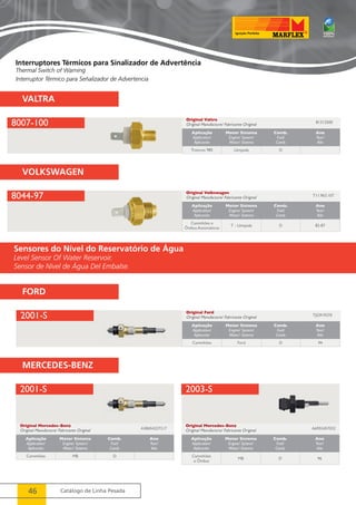 Interruptores Térmicos para Sinalizador de Advertência 
Thermal Switch of Warning 
Interruptor Térmico para Señalizador de Advertencia 
8007-100 
8044-97 
2001-S 
46 Catálogo de Linha Pesada 
Original Valtra 
Original Manufacture/ Fabricante Original 
Original Volkswagen 
Original Manufacture/ Fabricante Original 
Original Ford 
Original Manufacture/ Fabricante Original 
81312500 
T11.963.107 
TJG919370 
Aplicação 
Application/ 
Aplicación 
Motor Sistema 
Engine/ System/ 
Motor/ Sistema 
Comb. 
Fuel/ 
Comb. 
Ano 
Year/ 
Año 
Tratores 985 Lâmpada D 
Aplicação 
Application/ 
Aplicación 
Motor Sistema 
Engine/ System/ 
Motor/ Sistema 
Comb. 
Fuel/ 
Comb. 
Ano 
Year/ 
Año 
Caminhões e 
Ônibus Automáticos T - Lâmpada D 82-87 
Aplicação 
Application/ 
Aplicación 
Motor Sistema 
Engine/ System/ 
Motor/ Sistema 
Comb. 
Fuel/ 
Comb. 
Ano 
Year/ 
Año 
Caminhões Ford D 94 
VALTRA 
VOLKSWAGEN 
Sensores do Nível do Reservatório de Água 
Level Sensor Of Water Reservoir. 
Sensor de Nível de Água Del Embalse. 
FORD 
MERCEDES-BENZ 
2001-S 2003-S 
Original Mercedes-Benz 
Original Manufacture/ Fabricante Original 
Original Mercedes-Benz 
A38454227217 Original Manufacture/ Fabricante Original 
Aplicação 
Application/ 
Aplicación 
Motor Sistema 
Engine/ System/ 
Motor/ Sistema 
Comb. 
Fuel/ 
Comb. 
Ano 
Year/ 
Año 
Caminhões MB D 
Aplicação 
Application/ 
Aplicación 
Motor Sistema 
Engine/ System/ 
Motor/ Sistema 
Comb. 
Fuel/ 
Comb. 
A6955457032 
Ano 
Year/ 
Año 
Caminhões 
e Ônibus MB D 96 
 