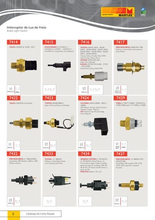 7414 
VOLVO: (20382514) B10M - EDC 
M16x1,5con 0.80bar 
7415 
VOLKSWAGEN: (1CO.945.511 - 
1CO.945.511 A.RDW - 1JO.945.511 - 
7L6.945.511) Caminhões ,Constellation 
7422 
7423 
7432 
7433 
8 Catálogo de Linha Pesada 
7416 
TOYOTA: (84340.19025 - 84340- 
09020 - 84340-09040 - 84340-19025- 
84340-49025 - 84340-49045 - 84340- 
69015 - 84340-69025) 
Camry, Celica, Corolla, Hilux SW4, 
Land Cruiser, Previa, Rav 4. 
HONDA: 36750-SMA-003 
New Civic (Manual) 
SUZUKI: (37740-73H10-000 - 37740 
- 75H10-000) 
Grand Vitara, Jimny, Swift, SX4. 
M10x1,25 
7417 
MERCEDES-BENZ: (A000.545.7108) 
Ônibus e Caminhões, Interruptores 
Freio Motor 
M16x1,5 
M27x1,0 
VOLVO: (3962939) Caminhões 
M16x1,0 
TOYOTA: (84380.98001): 
Jeep e Pick Up Todos os Modelos 
7424 
HYUNDAI: (93810-2E000 - 93810 - 
38000) 
HR, Elantra, Accent, Sonata, Tucson, 
Genesis Coupe, Tiburon. 
KIA: Optima, Soul, Rio, Sportage, 
Forte, Spectra. 
M12x1,25 M10x1,25 
7429 
FORD: (nº BD7T13480A / TJG945515); 
F7000, F9000 após 77, F12000 e F14000 
1/4X18 0,30bar 
NPTF 
MERCEDES-BENZ: (nº 3085457009); 
Caminhões MB Modelo L-608 e L-609 
Ônibus Urbano. 
M12x1,0 
SCANIA: (nº 288649); 
Ônibus e Caminhões Scania 
com Contatos de Prata. 
7434 
GENERAL MOTORS: (nº 90196375) 
(nº 90196375); Celta, Prisma 1.4, 
Corsa, Astra wagon, Calibra, Kaddet, 
Ipanema todos os modelos. D20, 40, 
60 de 93 a 97. Vectra de 98 e Astra a 
partir de 99. 
DAEWOO: Espero 1.8 e 2.0. 
7437 
MERCEDES-BENZ: (nº 6885457109 / 
6935457309) 
Caminhões MB modelos 709, 1518, 
1618, 1620 e Sprinter contatos 
de prata. 
M12x1,0 
Interruptor de Luz de Freio 
Brake Light Switch 
 