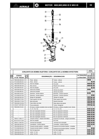 AGRALE 09 
CANT. 
QTD. 
03 
05 
CÓDIGO DENOMINAÇÃO / DENOMINACION 
N DE PIEZAS 
ITEM 
ITEM 
CONJUNTO DA BOMBA INJETORA / CONJUNTO DE LA BOMBA INYECTORA 
1 Porta - válvula 
ALTERAÇÕES 
ALTERACIONES 
7006.008.039.00.0 
01 
01 
02 
03 
04 
05 
12 
01 
02 
04 
06 
08 
07 
09 
11 
13 10 
17 19 
18 
20 
14 
15 16 
21 
22 
23 
7010.008.005.00.3 1 Porta - válvula 
7003.008.024.00.9 1 Anel de vedação 
7006.008.040.00.8 1 Mola válvula 
7003.008.023.00.1 1 Anel de vedação 
7006.008.042.00.4 1 Válvula de pressão 
05 
06 
7010.008.006.00.1 1 Válvula de pressão 
7004.008.019.00.7 1 Elemento - bomba injetora 
06 7010.008.007.00.9 1 Elemento - bomba injetora 
07 
08 
09 
10 
11 
12 
13 
14 
15 
16 
17 
18 
19 
20 
21 
7006.008.020.00.0 1 Manga de regulagem 
7003.008.017.00.3 1 Prato superior da mola 
7006.008.017.00.6 1 Mola helicoidal 
7006.008.016.00.8 1 Prato inferior da mola 
4102.011.007.06.9 3 Porca sextavada 
7006.008.010.00.1 
- 
Kit tubos e roletes completo (inclui os itens 
13, 14, 15 e 16) 
- 
- 
- 
1 
1 
1 
1 
Item sem reposição individual 
Item sem reposição individual 
Item sem reposição individual 
Item sem reposição individual 
7006.011.056.01.7 1 Conjunto válvula - sangria automática 
4014.010.017.00.9 1 Anel de vedação 
7006.011.040.00.3 2 Terminal da tubulação 
7006.008.025.00.9 1 Cremalheira - bomba injetora 
7004.008.004.00.9 1 Conjunto bomba injetora - completa 
21 7010.008.004.00.6 1 Conjunto bomba injetora - completa 
1 
M. 80 
M. 85 
M. 90 ID 
M. 93 ID 
MOTOR M80,M85,M90 ID E M93 ID 
22 7006.008.015.00.0 Anel de segurança 
23 7006.008.003.00.6 1 Junta - 0,1 mm 
23 7006.008.003.02.2 1 Junta - 0,2 mm 
Tuerca - válvula 
Tuerca - válvula 
Aro junta 
Resorte de la válvula 
Aro junta 
Válvula de presión 
Válvula de presión 
Elemento - bomba inyectora 
Elemento - bomba inyectora 
Manga de regulaje 
Plato superior del resorte 
Resorte helicoidal 
Plato inferior del resorte 
Tuerca hexagonal 
Kit tubos y rolletes completo (inclui itenes 
13, 14, 15 y 16) 
Iten sin reposición individual 
Iten sin reposición individual 
Iten sin reposición individual 
Iten sin reposición individual 
Iconjunto de válvulas - sangria automática 
Aro junta 
Terminal da la tubulação 
Cremallera - bomba inyetora 
Conjunto de la bomba inyetora - completa 
Conjunto de la bomba inyetora - completa 
Aro de la seguridad 
Junta - 0,1 mm 
Junta - 0,2 mm 
Versões 
Versiones 
 