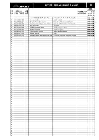 AGRALE 01 
QTD. 
ITEM 
CÓDIGO 
CANT. 
N DE PIEZAS 
ITEM 
1 
os ítens 19, 20, 21, 22, 23 , 24 e 25) 
30 
31 
32 
33 
34 
35 
36 
37 
38 
38 
39 
40 
41 
42 
43 
44 
45 
46 
47 
48 
49 
50 
51 
52 
53 
54 
55 
56 
57 
58 
59 
60 
61 
62 
63 
64 
65 
66 
67 
68 
69 
70 
71 
72 
73 
74 
75 
76 
77 
78 
79 
80 
81 
82 
83 
84 
85 
86 
ALTERAÇÕES 
ALTERACIONES 
27 
28 
29 
4014.010.046.00.8 Anel de vedação 
7006.007.009.00.4 1 Conjunto filtro de óleo do cárter 
7006.001.025.00.6 1 Conjunto vareta medição - nível do óleo 
7003.001.020.00.4 2 Anel de vedação 
4101.037.082.05.6 1 Parafuso sextavado interno 
4101.047.088.05.1 2 Parafuso sextavado 
7006.001.018.00.1 1 Tampa pequena do bloco 
7006.001.017.00.3 1 Junta de vedação 
7006.001.004.00.1 1 Suporte do motor - lado alavanca das RPM. 
M. 80 
M. 85 
M. 90 ID 
M. 93 ID 
MOTOR M80,M85,M90 ID E M93 ID 
(incluye ítens 19, 20, 21, 22, 23 , 24 ey25) 
Aro de vedación 
Conjunto del filtro del aceite del carter 
Conjunto varilla medición - nível del aceite 
Aro junta 
Tornillo hexagonal interno 
Tornillo hexagonal 
Tampa pequeña del bloco 
Junta 
Suporte del motor lado palanca de las RPM 
Versões 
Versiones 
 