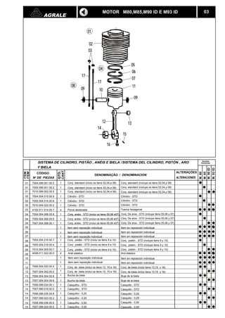 AGRALE 03 
CANT. 
QTD. 
17 
17 
SISTEMA DEL CILINDRO, PISTÓN , ARO 
CÓDIGO DENOMINAÇÃO / DENOMINACION 
N DE PIEZAS 
ITEM 
ITEM 
SISTEMA DE CILINDRO, PISTÃO , ANÉIS E BIELA / 
1 
ALTERAÇÕES 
ALTERACIONES 
7004.099.001.00.5 
01 
02 
03 
05 
06 
07 
11 
09 
10 
09 
04 
08 
12 13 
15 
14 
16 
01 
01 
7005.099.001.00.2 1 
Conj. standard (inclui os itens 02,04,e 08) 
Conj. standard (inclui os itens 02,04,e 08) 
M. 80 
M. 85 
M. 90 ID 
M. 93 ID 
MOTOR M80,M85,M90 ID E M93 ID 
01 7010.099.002.00.0 1 Conj. standard (inclui os itens 02,04,e 08) 
02 7004.004.015.00.9 1 
02 
7005.004.015.00.6 1 
Cilindro - STD 
Cilindro - STD 
02 
03 
04 
7010.004.022.00.2 1 
4102.011.014.05.7 4 
04 
7004.004.006.00.8 1 
Cilindro - STD 
Porca sextavada 
7005.004.006.00.5 1 
Conj. anéis - STD (inclui os itens 05,06 e07) 
Conj. anéis - STD (inclui os itens 05,06 e07) 
04 7007.004.006.00.1 1 Conj. anéis - STD (inclui os itens 05,06 e07) 
05 
06 
07 
- 
- 
- 
1 Item sem reposição individual 
1 Item sem reposição individual 
1 Item sem reposição individual 
08 7004.004.016.00.7 1 Conj. pistão - STD (inclui os itens 9 e 10) 
08 
7005.004.016.00.4 1 Conj. pistão - STD (inclui os itens 9 e 10) 
7010.004.005.00.7 1 
4008.011.022.00.0 2 Anel elástico 
Conj. pistão - STD (inclui os itens 9 e 10) 
- 1 Item sem reposição individual 
- 1 Item sem reposição individual 
Conj. de biela (inclui os itens 13, 15 e 16) 
Conj. de biela (inclui os itens 13, 15 e 16) 
08 
09 
10 
11 
12 
12 7007.004.002.00.0 1 
13 
7006.004.020.00.4 1 
7006.004.004.00.8 1 Bucha da biela 
13 7007.004.004.00.6 1 Bucha da biela 
14 7006.099.034.00.1 1 Casquilho - STD 
14 7007.099.019.00.0 1 Casquilho - STD 
14 7006.099.035.00.8 1 Casquilho - 0,25 
14 7007.099.023.00.2 1 Casquilho - 0,25 
14 7006.099.036.00.6 1 Casquilho - 0,50 
14 7007.099.024.00.0 1 Casquilho - 0,50 
Conj. standard (incluye os itens 02,04,y 08) 
Conj. standard (incluye os itens 02,04,y 08) 
Conj. standard (incluye os itens 02,04,y 08) 
Cilindro - STD 
Cilindro - STD 
Cilindro - STD 
Tuerca hexagonal 
Conj. De aros - STD (incluye ítens 05,06 y 07) 
Conj. De aros - STD (incluye ítens 05,06 y 07) 
Conj. De aros - STD (incluye ítens 05,06 y 07) 
Item sin reposición individual 
Item sin reposición individual 
Item sin reposición individual 
Conj. pistón - STD (incluye itens 9 y 10) 
Conj. pistón - STD (incluye itens 9 y 10) 
Conj. pistón - STD (incluye itens 9 y 10) 
Arol elástico 
Item sin reposición individual 
Item sin reposición individual 
Conj. de biela (inclui itens 13,15 y 16) 
Conj. de biela (inclui itens 13,15 y 16) 
Buje de la biela 
Buje de la biela 
Casquillo - STD 
Casquillo - STD 
Casquillo - 0,25 
Casquillo - 0,25 
Casquillo - 0,50 
Casquillo - 0,50 
Y BIELA 
Versões 
Versiones 
 
