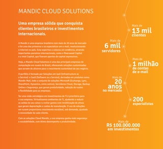 Uma empresa sólida que conquista
clientes brasileiros e investimentos
internacionais.
A Mandic é uma empresa brasileira com mais de 20 anos de mercado
e foi uma das primeiras a se especializar em e-mail, revolucionando
a internet no país. Esta expertise a colocou em evidência, atraindo
importantes parceiros internacionais, como a Riverwood Capital
e a Intel Capital, que fizeram aportes de capital expressivos.
Hoje, a Mandic Cloud Solutions é uma das principais empresas de
computação em nuvem do Brasil, oferecendo soluções customizadas
que servem de alicerce para o crescimento sustentável do seu negócio.
O porfólio é formado por Soluções em IaaS (Infrastructure as
a Service) e SaaS (Software as a Service), derivadas em produtos como:
Mandic Mail, todo o conjunto de soluções Microsoft (Exchange, Lync,
SharePoint, Dynamics, entre outros), Servidores Cloud, Storage, Backup
Online e Segurança, que geram produtividade, redução de custos
e flexibilidade para as empresas.
Ter uma visão estratégica em investimentos de TI é prioritário para
a sua empresa. Virtualizamos ambientes de TI, ajudando a reduzir
as saídas do seu caixa e a evitar gastos com imobilização de ativos
que geram depreciação e custos de manutenção. O uso de soluções
em nuvem proporciona crescimento escalável, sob demanda, ajustado
à necessidade de cada cliente.
Com as soluções Cloud Mandic, a sua empresa ganha mais segurança
e escalabilidade, com ótimo desempenho e produtividade.
Mais de
13 milclientes
Mais de
6 mil
servidores
Mais de
1 milhãode contas
de e-mail
Mais de
20
anosno mercado
200
especialistas
Mais de
R$ 100.000.000
em investimentos
MANDIC CLOUD SOLUTIONS
 