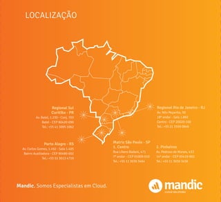 LOCALIZAÇÃO
Regional Rio de Janeiro - RJ
Av. Nilo Peçanha, 50
18º andar - Sala 1.802
Centro - CEP 20020-100
Tel.: +55 21 3559 0849
Porto Alegre - RS
Av. Carlos Gomes, 1.492 - Sala 1.405
Bairro Auxiliadora - CEP 90480-002
Tel.: +55 51 3013 4719
Regional Sul
		 Curitiba - PR
Av. Batel, 1.230 - Conj. 703
Batel - CEP 80420-090
Tel.: +55 41 3095 1062
Matriz São Paulo - SP
1. Centro
Rua Líbero Badaró, 471
7º andar - CEP 01009-010
Tel.: +55 11 3030 3464
2. Pinheiros
Av. Pedroso de Morais, 433
14º andar - CEP 05419-902
Tel.: +55 11 3030 3456
Mandic. Somos Especialistas em Cloud.
CLOUD SOLUTIONS
 