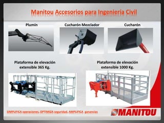 Manitou Accesorios para Ingeniería Civil
SIMPLIFICA operaciones, OPTIMIZA seguridad, AMPLIFICA ganancias
Plumín Cucharón Mezclador Cucharón
Plataforma de elevación
extensible 365 Kg.
Plataforma de elevación
extensible 1000 Kg.
 