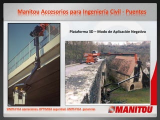 Manitou Accesorios para Ingeniería Civil - Puentes
SIMPLIFICA operaciones, OPTIMIZA seguridad, AMPLIFICA ganancias
Plataforma 3D – Modo de Aplicación Negativo
 