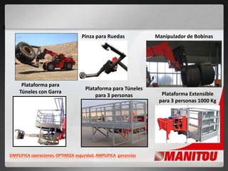 SIMPLIFICA operaciones, OPTIMIZA seguridad, AMPLIFICA ganancias
Plataforma para
Túneles con Garra
Plataforma para Túneles
para 3 personas Plataforma Extensible
para 3 personas 1000 Kg
Manipulador de BobinasPinza para Ruedas
 