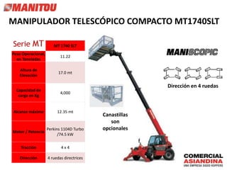 Serie MT MT 1740 SLT
Peso Operacional,
en Toneladas
11.22
Altura de
Elevación
17.0 mt
Capacidad de
carga en Kg
4,000
Alcance máximo 12.35 mt
Motor / Potencia
Perkins 1104D Turbo
/74.5 kW
Tracción 4 x 4
Dirección 4 ruedas directrices
MANIPULADOR TELESCÓPICO COMPACTO MT1740SLT
Dirección en 4 ruedas
Canastillas
son
opcionales
 