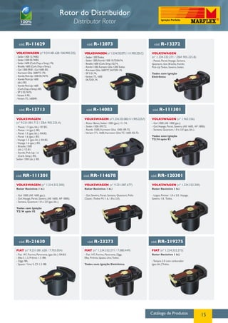 Catálogo de Produtos 15
cód. R-11629 cód. R-12073 cód. R-13272
cód. R-13713 cód. R-14083 cód. R-111301
VOLKSWAGEN (nº 9.231.081.628 / 040.905.225) VOLKSWAGEN
(nº 1.234.332.271 / ZBA 905.225.B)
VOLKSWAGEN
(nº 9.231.081.712 / ZBA 905.225.A)
VOLKSWAGEN (nº1.234.332.082/111.905.225.F) VOLKSWAGEN (nº 1.963.556)
VOLKSWAGEN (nº1.234.332.072/111.905.225.C)
- Sedan 1300 12.74/83;
- Sedan 1500 05.74/83;
- Sedan 1600 (Carb.Dup.e Simp.) /76;
- Brasilia 1600 (Carb.Dup.e Simp.);
- Gol 1300 09.81 ;Gol 1600 /83;
- Karmann Ghia 1600TC /75;
- Kombi,Pick-Up 1500 05.74/75;
- Kombi Pick-Up 1600
(álc.) /83;
- Kombi Pick-Up 1600
(Carb.Dup.e Simp.) /83;
- SP 2 02.74/75;
-Variant II /81;
-Variant ITL 1600/81.
- Sedan 1200Todos;
- Sedan 1500,Kombi 1500 10.72/04.74;
- Brasilia 1600 (Carb.Simp.) 02.74;
- Kombi 1200,Kamann Ghia 1200,Todos;
- Karmann Ghia 1600TC 04.72/01.74;
- SP 2 01.74;
-Variant ITL 1600
04.72/01.74.
- Passat, Parati,Voyage, Santana,
Quantum, Gol, Brasilia, Kombi,
Pick-Up Todos, Saveiro, Sedan.
Todos com Ignição
Eletrônica
- Passat 1.5 (gas./álc.) /07.82;
- Passat 1.6 (gas.) /83;
- Parati 1.5 (gas./álc.) /04.82;
- Parati 1.6 (gas.) /83;
-Voyage 1.5 (gas./álc.) /04.82;
-Voyage 1.6 (gas.) /83;
- Brasilia 1300
(álc.) /12.81;
- Kombi, Pick-Up 1.6
(Carb. Simp.) /83,
Sedan 1300 (álc.) /83.
- Gol 1000 (AE 1000 gas.);
- Gol,Voyage, Parati, Saveiro, (AE 1600, AP 1800);
- Santana, Quantum, 1.8 e 2.0 (gas./álc.).
Todos com Ignição
TZ/H após 92
- Rotor Baixo, Sedan 1300 (gas.) /11.74;
- Sedan 1500 /09.72;
- Kombi 1500, Karmann Ghia 1500 /09.72;
-Variant I TL 1600, Karmann Ghia TC 1600 /03.72.
cód. RR-111301 cód. RR-114678
VOLKSWAGEN (nº 1.234.332.300) VOLKSWAGEN (nº 9.231.087.677)
Rotor Resistivo 1 kΩ
- Gol 1000 (AE 1600 gas.);
- Gol,Voyage, Parati, Saveiro, (AE 1600, AP 1800);
- Santana, Quantum 1.8 e 2.0 (gas./álc.).
Todos com Ignição
TZ/H após 92
Rotor Resistivo 1 kΩ
- Gol, Saveiro, Parati, Santana, Quantum, Pollo
Classic (Todos M.I 1.6, 1.8 e 2.0).
Rotor do Distribuidor
Distributor Rotor
cód. RR-120301
cód. R-21630
VOLKSWAGEN (nº 1.234.332.300)
FIAT (nº 9.231.081.628 / 7.703.054)
Rotor Resistivo 1 kΩ
- Logus, Pointer 1.8 e 2.0 ,Voyage,
Saveiro, 1.8, Todos.
- Fiat 147, Fiorino, Panorama, (gas./álc.) /04.83;
- Elba S 1.3, Prêmio 1.3 /88;
- Oggi /84;
- Spazio / Uno s, cs 1.3 /88.
cód. R-23273 cód. RR-219275
FIAT (nº 1.234.332.271 / 7.080.449) FIAT (nº 1.234.332.273)
- Fiat 147, Fiorino, Panorama, Oggi,
Elba, Prêmio, Spazio, Uno,Todos.
Todos com Ignição Eletrônica
Rotor Resistivo 1 kΩ
- Tempra 2.0 com carburador
(gas./álc.) Todos.
 