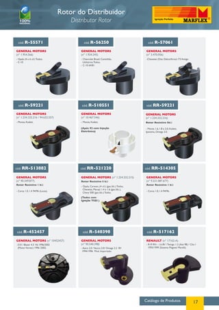 Catálogo de Produtos 17
Rotor do Distribuidor
Distributor Rotor
cód. R-55571 cód. R-56250 cód. R-57061
cód. R-59221 cód. R-510551 cód. RR-59221
GENERAL MOTORS
(nº 1.954.566)
GENERAL MOTORS
(nº 3.470.056)
GENERAL MOTORS
(nº 1.234.332.216 / 94.632.557)
GENERAL MOTORS
(nº 10.467.546)
GENERAL MOTORS
(nº 1.234.332.216)
GENERAL MOTORS
(nº 1.924.245)
- Opala (4 e 6 cil.) Todos;
- C-10
- Chevrolet Brasil, Caminhão,
Utilitários Todos;
- C-10 64/81
-Chevette (Dist. Delco/Arno) /73 Antigo
- Monza, Kadett. Rotor Resistivo 5kΩ
- Monza 1.6, 1.8 e 2.0, Kadett,
Ipanema, Omega 2.0.
- Monza, Kadett.
(Após 92 com Injeção
Eletrônica)
cód. RR-513882 cód. RR-521220
GENERAL MOTORS
(nº 90.349.877)
GENERAL MOTORS (nº 1.234.332.215)
Rotor Resistivo 1 kΩ
- Corsa 1.0, 1.4 94/96 (Lucas).
Rotor Resistivo 5 kΩ
- Opala, Caravan, (4 cil.) (gas./álc.) Todos,
Chevette, Marajó 1.4 e 1.6 (gas./álc.),
Chevy 500 (gas./álc.) Todos.
(Todos com
Ignição TSZI )
cód. RR-514305
cód. R-452457 cód. R-540398 cód. R-517162
GENERAL MOTORS
(nº 9.231.087.677)
GENERAL MOTORS
(nº 90.540.398)
RENAULT (nº 17162-A)GENERAL MOTORS (nº 10452457)
Rotor Resistivo 1 kΩ
- Corsa 1.0, 1.4 94/96.
-S10 / Blazer 4.3 V6 1996/2002
(MotorVortec) 1996 /2002. - Astra 2.0 /Vectra 2.0/ Omega 2.2 8V
1994/1996 Mod. Importado.
- R19 RN - 1.6 8V / Twingo 1.2 (Até 98) / Clio I
1993/1999 (Sistema Magneti Marelli).
 