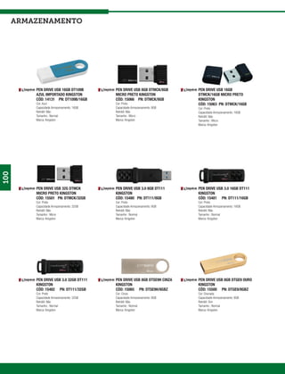 armazenamento




          PEN DRIVE USB 16GB DT109B        PEN DRIVE USB 8GB DTMCK/8GB      PEN DRIVE USB 16GB
          AZUL IMPORTADO KINGSTON          MICRO PRETO KINGSTON             DTMCK/16GB MICRO PRETO
          CÓD: 14131 PN: DT109B/16GB       CÓD: 15066 PN: DTMCK/8GB         KINGSTON
          Cor: Azul                        Cor: Preto                       CÓD: 15063 PN: DTMCK/16GB
          Capacidade Armazenamento: 16GB   Capacidade Armazenamento: 8GB    Cor: Preto
          Retrátil: Não                    Retrátil: Não                    Capacidade Armazenamento: 16GB
          Tamanho : Normal                 Tamanho : Micro                  Retrátil: Não
          Marca: Kingston                  Marca: Kingston                  Tamanho : Micro
                                                                            Marca: Kingston
100




          PEN DRIVE USB 32G DTMCK          PEN DRIVE USB 3.0 8GB DT111      PEN DRIVE USB 3.0 16GB DT111
          MICRO PRETO KINGSTON             KINGSTON                         KINGSTON
          CÓD: 15501 PN: DTMCK/32GB        CÓD: 15480 PN: DT111/8GB         CÓD: 15481 PN: DT111/16GB
          Cor: Preto                       Cor: Preto                       Cor: Preto
          Capacidade Armazenamento: 32GB   Capacidade Armazenamento: 8GB    Capacidade Armazenamento: 16GB
          Retrátil: Não                    Retrátil: Não                    Retrátil: Não
          Tamanho : Micro                  Tamanho : Normal                 Tamanho : Normal
          Marca: Kingston                  Marca: Kingston                  Marca: Kingston




          PEN DRIVE USB 3.0 32GB DT111     PEN DRIVE USB 8GB DTSE9H CINZA   PEN DRIVE USB 8GB DTGE9 OURO
          KINGSTON                         KINGSTON                         KINGSTON
          CÓD: 15482 PN: DT111/32GB        CÓD: 15065 PN: DTSE9H/8GBZ       CÓD: 15500 PN: DTGE9/8GBZ
          Cor: Preto                       Cor: Cinza                       Cor: Dourada
          Capacidade Armazenamento: 32GB   Capacidade Armazenamento: 8GB    Capacidade Armazenamento: 8GB
          Retrátil: Não                    Retrátil: Não                    Retrátil: Sim
          Tamanho : Normal                 Tamanho : Normal                 Tamanho : Normal
          Marca: Kingston                  Marca: Kingston                  Marca: Kingston
 