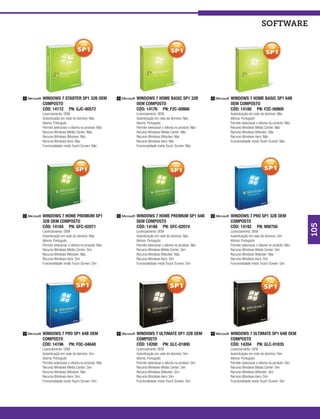 software




WINDOWS 7 STARTER SP1 32B OEM                  WINDOWS 7 HOME BASIC SP1 32B                  WINDOWS 7 HOME BASIC SP1 64B
COMPOSTO                                       OEM COMPOSTO                                  OEM COMPOSTO
CÓD: 14172 PN: GJC-00572                       CÓD: 14176 PN: F2C-00866                      CÓD: 14180 PN: F2C-00869
Licenciamento: OEM                             Licenciamento: OEM                            Autenticação em rede de domínio: Não
Autenticação em rede de domínio: Não           Autenticação em rede de domínio: Não          Idioma: Português
Idioma: Português                              Idioma: Português                             Permite selecionar o idioma no produto: Não
Permite selecionar o idioma no produto: Não    Permite selecionar o idioma no produto: Não   Recurso Windows Média Center: Não
Recurso Windows Média Center: Não              Recurso Windows Média Center: Não             Recurso Windows Bitlocker: Não
Recurso Windows Bitlocker: Não                 Recurso Windows Bitlocker: Não                Recurso Windows Aero: Não
Recurso Windows Aero: Não                      Recurso Windows Aero: Não                     Funcionalidade modo Touch Screen: Não
Funcionalidade modo Touch Screen: Não          Funcionalidade modo Touch Screen: Não




WINDOWS 7 HOME PREMIUM SP1                     WINDOWS 7 HOME PREMIUM SP1 64B                WINDOWS 7 PRO SP1 32B OEM
32B OEM COMPOSTO                               OEM COMPOSTO                                  COMPOSTO




                                                                                                                                           105
CÓD: 14184 PN: GFC-02071                       CÓD: 14188 PN: GFC-02074                      CÓD: 14192 PN: MW750
Licenciamento: OEM                             Licenciamento: OEM                            Licenciamento: OEM
Autenticação em rede de domínio: Não           Autenticação em rede de domínio: Não          Autenticação em rede de domínio: Sim
Idioma: Português                              Idioma: Português                             Idioma: Português
Permite selecionar o idioma no produto: Não    Permite selecionar o idioma no produto: Não   Permite selecionar o idioma no produto: Não
Recurso Windows Média Center: Sim              Recurso Windows Média Center: Sim             Recurso Windows Média Center: Sim
Recurso Windows Bitlocker: Não                 Recurso Windows Bitlocker: Não                Recurso Windows Bitlocker: Não
Recurso Windows Aero: Sim                      Recurso Windows Aero: Sim                     Recurso Windows Aero: Sim
Funcionalidade modo Touch Screen: Sim          Funcionalidade modo Touch Screen: Sim         Funcionalidade modo Touch Screen: Sim




WINDOWS 7 PRO SP1 64B OEM                      WINDOWS 7 ULTIMATE SP1 32B OEM                WINDOWS 7 ULTIMATE SP1 64B OEM
COMPOSTO                                       COMPOSTO                                      COMPOSTO
CÓD: 14196 PN: FQC-04640                       CÓD: 14200 PN: GLC-01800                      CÓD: 14204 PN: GLC-01835
Licenciamento: OEM                             Licenciamento: OEM                            Licenciamento: OEM
Autenticação em rede de domínio: Sim           Autenticação em rede de domínio: Sim          Autenticação em rede de domínio: Sim
Idioma: Português                              Idioma: Português                             Idioma: Português
Permite selecionar o idioma no produto: Não    Permite selecionar o idioma no produto: Sim   Permite selecionar o idioma no produto: Sim
Recurso Windows Média Center: Sim              Recurso Windows Média Center: Sim             Recurso Windows Média Center: Sim
Recurso Windows Bitlocker: Não                 Recurso Windows Bitlocker: Sim                Recurso Windows Bitlocker: Sim
Recurso Windows Aero: Sim                      Recurso Windows Aero: Sim                     Recurso Windows Aero: Sim
Funcionalidade modo Touch Screen: Sim          Funcionalidade modo Touch Screen: Sim         Funcionalidade modo Touch Screen: Sim
 
 