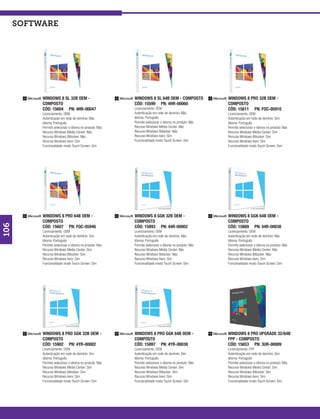 software




           WINDOWS 8 SL 32B OEM -                        WINDOWS 8 SL 64B OEM - COMPOSTO               WINDOWS 8 PRO 32B OEM -
           COMPOSTO                                      CÓD: 15599 PN: 4HR-00060                      COMPOSTO
           CÓD: 15604 PN: 4HR-00047                      Licenciamento: OEM                            CÓD: 15611 PN: FQC-05910
           Licenciamento: OEM                            Autenticação em rede de domínio: Não          Licenciamento: OEM
           Autenticação em rede de domínio: Não          Idioma: Português                             Autenticação em rede de domínio: Sim
           Idioma: Português                             Permite selecionar o idioma no produto: Não   Idioma: Português
           Permite selecionar o idioma no produto: Não   Recurso Windows Média Center: Não             Permite selecionar o idioma no produto: Não
           Recurso Windows Média Center: Não             Recurso Windows Bitlocker: Não                Recurso Windows Média Center: Sim
           Recurso Windows Bitlocker: Não                Recurso Windows Aero: Sim                     Recurso Windows Bitlocker: Sim
           Recurso Windows Aero: Sim                     Funcionalidade modo Touch Screen: Sim         Recurso Windows Aero: Sim
           Funcionalidade modo Touch Screen: Sim                                                       Funcionalidade modo Touch Screen: Sim




           WINDOWS 8 PRO 64B OEM -                       WINDOWS 8 GGK 32B OEM -                       WINDOWS 8 GGK 64B OEM -
           COMPOSTO                                      COMPOSTO                                      COMPOSTO
106




           CÓD: 15607 PN: FQC-05946                      CÓD: 15893 PN: 44R-00002                      CÓD: 15889 PN: 44R-00038
           Licenciamento: OEM                            Licenciamento: OEM                            Licenciamento: OEM
           Autenticação em rede de domínio: Sim          Autenticação em rede de domínio: Não          Autenticação em rede de domínio: Não
           Idioma: Português                             Idioma: Português                             Idioma: Português
           Permite selecionar o idioma no produto: Não   Permite selecionar o idioma no produto: Não   Permite selecionar o idioma no produto: Não
           Recurso Windows Média Center: Sim             Recurso Windows Média Center: Não             Recurso Windows Média Center: Não
           Recurso Windows Bitlocker: Sim                Recurso Windows Bitlocker: Não                Recurso Windows Bitlocker: Não
           Recurso Windows Aero: Sim                     Recurso Windows Aero: Sim                     Recurso Windows Aero: Sim
           Funcionalidade modo Touch Screen: Sim         Funcionalidade modo Touch Screen: Sim         Funcionalidade modo Touch Screen: Sim




           WINDOWS 8 PRO GGK 32B OEM -                   WINDOWS 8 PRO GGK 64B OEM -                   WINDOWS 8 PRO UPGRADE 32/64B
           COMPOSTO                                      COMPOSTO                                      FPP - COMPOSTO
           CÓD: 15902 PN: 4YR-00002                      CÓD: 15897 PN: 4YR-00038                      CÓD: 15653 PN: 3UR-00009
           Licenciamento: OEM                            Licenciamento: OEM                            Licenciamento: FPP
           Autenticação em rede de domínio: Sim          Autenticação em rede de domínio: Sim          Autenticação em rede de domínio: Sim
           Idioma: Português                             Idioma: Português                             Idioma: Português
           Permite selecionar o idioma no produto: Não   Permite selecionar o idioma no produto: Não   Permite selecionar o idioma no produto: Não
           Recurso Windows Média Center: Sim             Recurso Windows Média Center: Sim             Recurso Windows Média Center: Sim
           Recurso Windows Bitlocker: Sim                Recurso Windows Bitlocker: Sim                Recurso Windows Bitlocker: Sim
           Recurso Windows Aero: Sim                     Recurso Windows Aero: Sim                     Recurso Windows Aero: Sim
           Funcionalidade modo Touch Screen: Sim         Funcionalidade modo Touch Screen: Sim         Funcionalidade modo Touch Screen: Sim
 