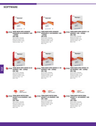 software




           TREND MICRO WFBS ADVANCED         TREND MICRO WFBS ADVANCED         TREND MICRO WFBS SERVICE 2-25
           RENOVAÇÃO 26-50 USUÁRIOS 1 ANO    RENOVAÇÃO 51-250 USUÁRIOS 1 ANO   USUÁRIOS 1 ANO - LICENÇA
           - LICENÇA                         - LICENÇA                         CÓD: 7893
           CÓD: 6369                         CÓD: 6370                         Tipo de usuário: Corporativo
           Tipo de usuário: Corporativo      Tipo de usuário: Corporativo      Número de Licenças: 2-25
           Número de Licenças: 26-50         Número de Licenças: 51-250        Conteúdo do pacote: Licença
           Conteúdo do pacote: Licença       Conteúdo do pacote: Licença       Tempo de Licença: 1 ano
           Tempo de Licença: 1 ano           Tempo de Licença: 1 ano           Marca: Trend
                                             Marca: Trend




           TREND MICRO WFBS SERVICE 26-50    TREND MICRO WFBS SERVICE 51-100   TREND MICRO WFBS SERVICE 101-
112




           USUÁRIOS 1 ANO - LICENÇA          USUÁRIOS 1 ANO - LICENÇA          250 USUÁRIOS 1 ANO - LICENÇA
           CÓD: 7894                         CÓD: 7895                         CÓD: 7896
           Tipo de usuário: Corporativo      Tipo de usuário: Corporativo      Tipo de usuário: Corporativo
           Número de Licenças: 26-50         Número de Licenças: 51-100        Número de Licenças: 101-250
           Conteúdo do pacote: Licença       Conteúdo do pacote: Licença       Conteúdo do pacote: Licença
           Tempo de Licença: 1 ano           Tempo de Licença: 1 ano           Tempo de Licença: 1 ano
           Marca: Trend                      Marca: Trend                      Marca: Trend




           TREND MICRO HOSTED EMAIL          TREND MICRO HOSTED EMAIL          TREND MICRO HOSTED EMAIL
           SECURITY 26-50 USUÁRIOS 1 ANO -   SECURITY 5-25 USUÁRIOS 1 ANO      SECURITY 51-100 USUÁRIOS 1 ANO
           LICENÇA                           CÓD: 12848                        - LICENÇA
           CÓD: 12847                        Tipo de usuário: Corporativo      CÓD: 12849
           Tipo de usuário: Corporativo      Número de Licenças: 5-25          Tipo de usuário: Corporativo
           Número de Licenças: 26-50         Conteúdo do pacote: Licença       Número de Licenças: 51-100
           Conteúdo do pacote: Licença       Tempo de Licença: 1 ano           Conteúdo do pacote: Licença
           Tempo de Licença: 1 ano           Marca: Trend                      Tempo de Licença: 1 ano
           Marca: Trend                                                        Marca: Trend
 