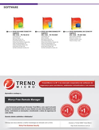software




           OFFICE 2010 HOME STUDENT FPP -             OFFICE 2010 HOME BUSINESS FPP -            OFFICE PROFESSIONAL 2010 32/64B FPP
           COMPOSTO                                   COMPOSTO                                   COMPOSTO
           CÓD: 14162 PN: 79G-02134                   CÓD: 14165 PN: T5D-00407                   CÓD: 14168 PN: 269-14662
           Licenciamento: FPP                         Licenciamento: FPP                         Tipo de usuário: Corporativo
           Idioma: Português                          Idioma: Português                          Número de Licenças: 2-25
           Word-Editor de Texto: Sim                  Word-Editor de Texto: Sim                  Conteúdo do pacote: Licença
           Excel-Planilha Eletrônica: Sim             Excel-Planilha Eletrônica: Sim             Tempo de Licença: 2 anos
           Outlook-Correio Eletrônico e Agenda: Não   Outlook-Correio Eletrônico e Agenda: Sim
           Power Point-Apresentações: Sim             Power Point-Apresentações: Sim
           Publisher-Editoração Eletrônica: Não       Publisher-Editoração Eletrônica: Não
           Access-Banco de Dados: Não                 Access-Banco de Dados: Não
           One Note-Centralizador de tarefas: Sim     One Note-Centralizador de tarefas: Sim
114
 