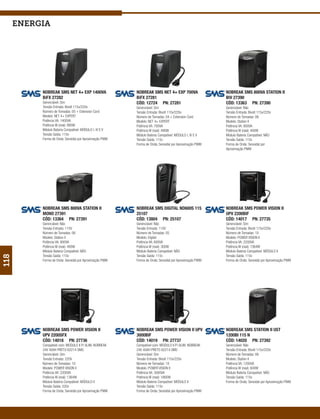 energia




           NOBREAK SMS NET 4+ EXP 1400VA                 NOBREAK SMS NET 4+ EXP 700VA                  NOBREAK SMS 800VA STATION II
           BiFX 27282                                    BiFX 27281                                    BIV 27390
           Gerenciável: Sim                              CÓD: 12724 PN: 27281                          CÓD: 13363 PN: 27390
           Tensão Entrada: Bivolt 115v/220v              Gerenciável: Sim                              Gerenciável: Não
           Número de Tomadas: 05 + Extension Cord        Tensão Entrada: Bivolt 115v/220v              Tensão Entrada: Bivolt 115v/220v
           Modelo: NET 4+ EXPERT                         Número de Tomadas: 04 + Extension Cord        Número de Tomadas: 06
           Potência VA: 1400VA                           Modelo: NET 4+ EXPERT                         Modelo: Station II
           Potência W (real): 980W                       Potência VA: 700VA                            Potência VA: 800VA
           Módulo Bateria Compatível: MÓDULO I, IV E V   Potência W (real): 490W                       Potência W (real): 400W
           Tensão Saída: 115v                            Módulo Bateria Compatível: MÓDULO I, IV E V   Módulo Bateria Compatível: NÃO
           Forma de Onda: Senoidal por Aproximação PWM   Tensão Saída: 115v                            Tensão Saída: 115v
                                                         Forma de Onda: Senoidal por Aproximação PWM   Forma de Onda: Senoidal por
                                                                                                       Aproximação PWM




           NOBREAK SMS 800VA STATION II                  NOBREAK SMS DIGITAL ND600S 115                NOBREAK SMS POWER VISION II
           MONO 27391                                    25107                                         UPV 2200BIF
           CÓD: 13364 PN: 27391                          CÓD: 13804 PN: 25107                          CÓD: 14017 PN: 27735
           Gerenciável: Não                              Gerenciável: Não                              Gerenciável: Sim
           Tensão Entrada: 115V                          Tensão Entrada: 110V                          Tensão Entrada: Bivolt 115v/220v
           Número de Tomadas: 06                         Número de Tomadas: 05                         Número de Tomadas: 10
           Modelo: Station II                            Modelo: Digital                               Modelo: POWER VISION II
           Potência VA: 800VA                            Potência VA: 600VA                            Potência VA: 2200VA
           Potência W (real): 400W                       Potência W (real): 300W                       Potência W (real): 1364W
           Módulo Bateria Compatível: NÃO                Módulo Bateria Compatível: NÃO                Módulo Bateria Compatível: MÓDULO II
           Tensão Saída: 115v                            Tensão Saída: 115v                            Tensão Saída: 115v
118




           Forma de Onda: Senoidal por Aproximação PWM   Forma de Onda: Senoidal por Aproximação PWM   Forma de Onda: Senoidal por Aproximação PWM




           NOBREAK SMS POWER VISION II                   NOBREAK SMS POWER VISION II UPV               NOBREAK SMS STATION II UST
           UPV 2200SFX                                   3000BIF                                       1200BI 115 N
           CÓD: 14018 PN: 27736                          CÓD: 14019 PN: 27737                          CÓD: 14020 PN: 27392
           Compatível com: MODULO II P/ ALIM. NOBREAK    Compatível com: MODULO II P/ ALIM. NOBREAK    Gerenciável: Não
           24V 40AH PRETO 62214 SMS                      24V 40AH PRETO 62214 SMS                      Tensão Entrada: Bivolt 115v/220v
           Gerenciável: Sim                              Gerenciável: Sim                              Número de Tomadas: 06
           Tensão Entrada: 220V                          Tensão Entrada: Bivolt 115v/220v              Modelo: Station II
           Número de Tomadas: 10                         Número de Tomadas: 10                         Potência VA: 1200VA
           Modelo: POWER VISION II                       Modelo: POWER VISION II                       Potência W (real): 600W
           Potência VA: 2200VA                           Potência VA: 3000VA                           Módulo Bateria Compatível: NÃO
           Potência W (real): 1364W                      Potência W (real): 1860W                      Tensão Saída: 115v
           Módulo Bateria Compatível: MÓDULO II          Módulo Bateria Compatível: MÓDULO II          Forma de Onda: Senoidal por Aproximação PWM
           Tensão Saída: 220v                            Tensão Saída: 115v
           Forma de Onda: Senoidal por Aproximação PWM   Forma de Onda: Senoidal por Aproximação PWM
 