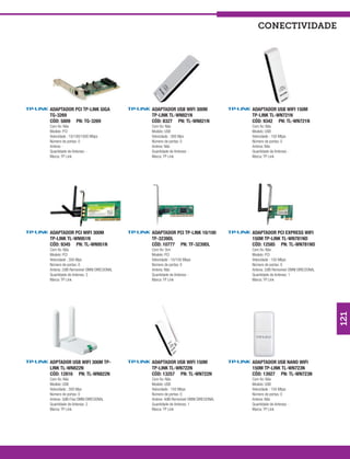 conectividade




ADAPTADOR PCI TP-LINK GIGA               ADAPTADOR USB WIFI 300M                  ADAPTADOR USB WIFI 150M
TG-3269                                  TP-LINK TL-WN821N                        TP-LINK TL-WN721N
CÓD: 5809 PN: TG-3269                    CÓD: 8327 PN: TL-WN821N                  CÓD: 9342 PN: TL-WN721N
Com fio: Não                             Com fio: Não                             Com fio: Não
Modelo: PCI                              Modelo: USB                              Modelo: USB
Velocidade : 10/100/1000 Mbps            Velocidade : 300 Mps                     Velocidade : 150 Mbps
Número de portas: 0                      Número de portas: 0                      Número de portas: 0
Antena: -                                Antena: Não                              Antena: Não
Quantidade de Antenas: -                 Quantidade de Antenas: -                 Quantidade de Antenas: -
Marca: TP Link                           Marca: TP Link                           Marca: TP Link




ADAPTADOR PCI WIFI 300M                  ADAPTADOR PCI TP-LINK 10/100             ADAPTADOR PCI EXPRESS WIFI
TP-LINK TL-WN951N                        TF-3239DL                                150M TP-LINK TL-WN781ND
CÓD: 9345 PN: TL-WN951N                  CÓD: 10777 PN: TF-3239DL                 CÓD: 12585 PN: TL-WN781ND
Com fio: Não                             Com fio: Sim                             Com fio: Não
Modelo: PCI                              Modelo: PCI                              Modelo: PCI
Velocidade : 300 Mps                     Velocidade : 10/100 Mbps                 Velocidade : 150 Mbps
Número de portas: 0                      Número de portas: 0                      Número de portas: 0
Antena: 2dBi Removível OMNI DIRECIONAL   Antena: Não                              Antena: 2dBi Removível OMNI DIRECIONAL
Quantidade de Antenas: 3                 Quantidade de Antenas: -                 Quantidade de Antenas: 1
Marca: TP Link                           Marca: TP Link                           Marca: TP Link




                                                                                                                           121
ADPTADOR USB WIFI 300M TP-               ADAPTADOR USB WIFI 150M                  ADAPTADOR USB NANO WIFI
LINK TL-WN822N                           TP-LINK TL-WN722N                        150M TP-LINK TL-WN723N
CÓD: 12816 PN: TL-WN822N                 CÓD: 13257 PN: TL-WN722N                 CÓD: 13927 PN: TL-WN723N
Com fio: Não                             Com fio: Não                             Com fio: Não
Modelo: USB                              Modelo: USB                              Modelo: USB
Velocidade : 300 Mps                     Velocidade : 150 Mbps                    Velocidade : 150 Mbps
Número de portas: 0                      Número de portas: 0                      Número de portas: 0
Antena: 3dBi Fixa OMNI DIRECIONAL        Antena: 4dBi Removível OMNI DIRECIONAL   Antena: Não
Quantidade de Antenas: 2                 Quantidade de Antenas: 1                 Quantidade de Antenas: -
Marca: TP Link                           Marca: TP Link                           Marca: TP Link
 