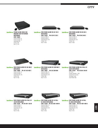 cftv




STAND ALONE GRAV. DIG.         DVR STAND ALONE VD 4E 120 C    DVR STAND ALONE VD 8E 240 C
IMAGEM 16CH VD16M480           INTELBRAS                      INTELBRAS
INTELBRAS                      CÓD: 14322 PN: VD 4E 120 C     CÓD: 14323 PN: VD 8E 240 C
CÓD: 10625                     Canais de Vídeo: 4             Canais de Vídeo: 8
Canais de Vídeo: 16            Canais de Audio: 2             Canais de Audio: 4
Canais de Audio: 16            Capacidade HD: 2TB             Capacidade HD: 2TB
Capacidade HD: -               Frames: 120                    Frames: 240
Frames: 480                    Rack 19: Não                   Rack 19: Não
Rack 19: Sim




DVR STAND ALONE VD 16E 480 C   DVR STAND ALONE VD 32M 960 C   DVR STAND ALONE VD 8 FULL D1
INTELBRAS                      INTELBRAS                      240 M INTELBRAS
CÓD: 14666 PN: VD 16E 480 C    CÓD: 14667 PN: VD 32M 960      CÓD: 15334 PN: VD 8D1 240 M
Canais de Vídeo: 16            Canais de Vídeo: 32            Cor: Preto
Canais de Audio: 4             Canais de Audio: 16            Conexão: Wireless + USB
Capacidade HD: 2TB             Capacidade HD: 2TB             Comprimento do Cabo: -
Frames: 480                    Frames: 960                    Tecnologia: Laser
Rack 19: Não                   Rack 19: Sim                   Cabo Retrátil: Não




DVR STAND ALONE VD 4 FULL D1   DVR STAND ALONE VD 16 FULL     DVR STAND ALONE VD 16 FULL
120 M INTELBRAS                D1 480 M INTELBRAS             D1 480 H INTELBRAS
CÓD: 15335 PN: VD 4D1 120 M    CÓD: 15338 PN: VD 16D1 480 M   CÓD: 15339 PN: VD 16D1 480 H
Canais de Vídeo: 4             Canais de Vídeo: 16            Canais de Vídeo: 16
                                                                                                    135



Canais de Audio: 4             Canais de Audio: 4             Canais de Audio: 16
Capacidade HD: 2TB             Capacidade HD: 2TB             Capacidade HD: 2TB
Frames: 120                    Frames: 480                    Frames: 480
Rack 19: Não                   Rack 19: Não                   Rack 19: Sim
 