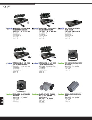 cftv




             KIT SEGURANÇA KG-CA14-H02 4   KIT SEGURANÇA KG-CA28-H03 16    DVR STAND ALONE 16CH KG-
             CH C/4 CAMERAS KGUARD         CH C/8 CAMERAS KGUARD           SHA28 KGUARD
             CÓD: 15318 PN: KG-CA14-H02    CÓD: 15319 PN: KG-CA28-H03      CÓD: 15320 PN: KG-SHA28
             Canais de Vídeo: 4            Canais de Vídeo: 16             Canais de Vídeo: 16
             Canais de Audio: 1            Canais de Audio: 1              Canais de Audio: 1
             Capacidade HD: 2TB            Capacidade HD: 2TB              Capacidade HD: 2TB
             Frames: 120                   Frames: 480                     Frames: 480
             Rack 19: Não                  Rack 19: Não                    Rack 19: Não




             KIT SEGURANÇA KG-CA24-H02 8   KIT SEGURANÇA KG-CA24-H03 8     MINI CAMERA COLOR VM310 DN
             CH C/4 CAMERAS KGUARD         CH C/8 CAMERAS KGUARD           INTELBRAS
             CÓD: 15321 PN: KG-CA24-H02    CÓD: 15323 PN: KG-CA24-H03      CÓD: 10151 PN: 4395002
             Canais de Vídeo: 8            Canais de Vídeo: 8              CCD: 1/4 SONY
             Canais de Audio: 1            Canais de Audio: 1              Lente: 3,6MM
             Capacidade HD: 2TB            Capacidade HD: 2TB              Infra Red: Não
             Frames: 240                   Frames: 240
             Rack 19: Não                  Rack 19: Não




             MINI CAMERA COLOR VM320 DN    CAMERA INFRA RED IR VM 300      CAMERA IR INTELBRAS VM 300
             INTELBRAS                     IR30 C/ LENTE VARIFOCAL 4 A 9   IR 50
             CÓD: 10152 PN: 4395003        MM INTELBRAS                    CÓD: 10155 PN: 4007028
             CCD: 1/³ SONY                 CÓD: 10154 PN: 4007026          CCD: 1/³ SONY
136




             Lente: 3,6MM                  CCD: 1/³ SONY                   Lente: 16MM
             Infra Red: Não                Lente: 4MM                      Infra Red: Sim
                                           Infra Red: Sim
 