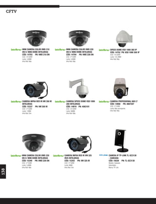 cftv




             MINI CAMERA COLOR VMD 210         MINI CAMERA COLOR VMD 220     SPEED DOME VSD 1000 36X IP
             DN C/ MINI DOME INTELBRAS         DN C/ MINI DOME INTELBRAS     CÓD: 14752 PN: VSD 1000 36X IP
             CÓD: 14703 PN: VMD 210 DN         CÓD: 14704 PN: VMD 220 DN     CCD: 1/4 SONY
             CCD: 1/4 SONY                     CCD: 1/³ SONY                 Lente: 122,4MM
             Lente: 3,6MM                      Lente: 3,6MM                  Infra Red: Não
             Infra Red: Não                    Infra Red: Não




             CAMERA INFRA RED IR VM 350 IR     CAMERA SPEED DOME VSD 1000    CAMERA PROFISSIONAL 600 LT
             INTELBRAS                         28X INTELBRAS                 CÓD: 14958 PN: 4007207
             CÓD: 15337 PN: VM 350 IR          CÓD: 14819 PN: 4563101        CCD: 1/³ SONY
             CCD: 1/³ SONY                     CCD: 1/4 SONY                 Lente: Não acompanha
             Lente: 12MM                       Lente: 98MM                   Infra Red: Não
             Infra Red: Sim                    Infra Red: Não




             MINI CAMERA COLOR VMD 220       CAMERA INFRA RED IR VM 325     CAMERA IP TP-LINK TL-SC3130
             DN C/ MINI DOME INTELBRAS       IR25 INTELBRAS                 - CABEADA
             CÓD: 15340 PN: VMD 220 DN       CÓD: 15343 PN: VM 325 IR       CÓD: 10539 PN: TL-SC3130
             CCD: 1/³ SONY                   CCD: 1/³ SONY                  Modelo: Cabeada
             Lente: 3,6MM                    Lente: 6MM                     Velocidade: -
             Infra Red: Não                  Infra Red: Sim                 Marca: TP Link
138
 