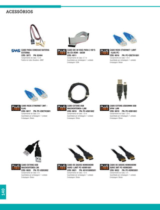 acessórios




           CABO PARA CONEXAO BATERIA             CABO IDE 40 VIAS PARA 2 HD’S          CABO REDE ETHERNET 1,8MT
           EXTERNA                               OU CD-ROM - 50CM                      - RJ45 PC-
           CÓD: 3073 PN: 62404                   CÓD: 4011                             CÓD: 9016 PN: PC-CBETH1801
           Comprimento do Cabo: 1,5 m            Comprimento do Cabo: 0,7 m            Comprimento do Cabo: 1,8 m
           Padrão do Cabo: Brasileiro- ABNT      Quantidade por embalagem: 1 unidade   Quantidade por embalagem: 1 unidade
                                                 Embalagem: OEM                        Embalagem: Blister




           CABO REDE ETHERNET 3MT -              CABO EXTENS USB                       CABO EXTENS USBXMINI USB
           RJ45                                  MACHOXFEMEA 1,8M                      5PIN 1,8M
           CÓD: 9017 PN: PC-CBETH3001            CÓD: 9018 PN: PC-USB1802              CÓD: 9019 PN: PC-USB1803
           Comprimento do Cabo: 3 m              Comprimento do Cabo: 1,8 m            Comprimento do Cabo: 1,8 m
           Quantidade por embalagem: 1 unidade   Quantidade por embalagem: 1 unidade   Quantidade por embalagem: 1 unidade
           Embalagem: Blister                    Embalagem: Blister                    Embalagem: Blister




           CABO EXTENS USB                       CABO DE DADOS HDMIXHDMI               CABO DE DADOS HDMIXHDMI
           MACHOXFEMEA 3M                        OURO 1,8MT PC-HDMI1801                OURO 3MT PC-HDMI3001
           CÓD: 9020 PN: PC-USB3002              CÓD: 9021 PN: 401010080501            CÓD: 9022 PN: PC-HDMI3001
           Comprimento do Cabo: 3 m              Comprimento do Cabo: 1,8 m            Comprimento do Cabo: 3 m
           Quantidade por embalagem: 1 unidade   Quantidade por embalagem: 1 unidade   Quantidade por embalagem: 1 unidade
           Embalagem: Blister                    Embalagem: Blister                    Embalagem: Blister
140
 