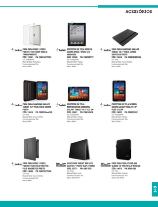 acessórios




CAPA PARA IPAD2 / IPAD3            PROTETOR DE TELA SCREEN       CAPA PARA SAMSUNG GALAXY
F8N744TTC01 SNAP SHIELD            GUARD IPAD2 / IPAD3 C/2       TABLET 10.1” FOLIO COURO
TRANSPARENTE                       UNIDADES                      SINTETICO PRETO
CÓD: 15591 PN: F8N744TTC01         CÓD: 15595 PN: F8N798TT2      CÓD: 15618 PN: F8M161EBC00
Cor: Transparente                  Cor: Transparente             Cor: Preto
Material/Tablet: Poliuretano       Material/Tablet: Plástico     Material/Tablet: Couro Sintético
Funciona para Ipad: Sim            Funciona para Ipad: Sim       Funciona para Ipad: Não
Marca: Belkin                      Marca: Belkin                 Marca: Belkin




CAPA PARA SAMSUNG GALAXY           PROTETOR DE TELA              PROTETOR DE TELA SCREEN
TABLET 7.0” PLUS FOLIO COURO       MATTESCREEN SAMSUNG           GUARD GALAXY TABLET 7.0”
PRETO                              GALAXY TABLET 10.1” C/2 UN    PLUS C/2 UN
CÓD: 15619 PN: F8M250cwC00         CÓD: 15621 PN: F8M165EB       CÓD: 15623 PN: F8M293tt2
Cor: Preto                         Cor: Transparente             Cor: Transparente
Material/Tablet: Couro Sintético   Material/Tablet: Plástico     Material/Tablet: Plástico
Funciona para Ipad: Não            Funciona para Ipad: Não       Funciona para Ipad: Não
Marca: Belkin                      Marca: Belkin                 Marca: Belkin




CAPA PARA IPAD2 / IPAD3            CASE PARA TABLET KNC-070      CASE PARA TABLET KNS-020
F8N755TTC00 FOLIO PRO TRI-         SLEEVE 7’ PRETO KLIP XTREME   SLEEVE 10’ PRETO KLIP XTREME
FOLD MAGNETICO PRETO               CÓD: 15771 PN: KNC-070        CÓD: 14613 PN: KNS-020
CÓD: 15656 PN: F8N755TTC00         Cor: Preto                    Cor: Preto
Cor: Preto                         Material/Tablet: Couro        Material/Tablet: Poliester
Material/Tablet: Couro Sintético   Funciona para Ipad: Sim       Funciona para Ipad: Sim
Funciona para Ipad: Sim            Marca: Klip Xtreme            Marca: Klip Xtreme
Marca: Belkin
                                                                                                    149
 