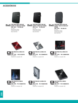 acessórios




            CASE PARA TABLET KNS-050        CASE PARA TABLET KNS-040        CASE PARA TABLET KNS-040
            SLEEVE 10’ CINZA KLIP XTREME    SLEEVE 7’ PRETO KLIP XTREME     SLEEVE 7’ KNS-010 CINZA KLIP
            CÓD: 14614 PN: KNS-050          CÓD: 15181 PN: KNS-040          XTREME
            Cor: Cinza                      Cor: Preto                      CÓD: 15183 PN: KNS-010
            Material/Tablet: Poliester      Material/Tablet: Poliester      Cor: Cinza
            Funciona para Ipad: Sim         Funciona para Ipad: Não         Material/Tablet: Poliester
            Marca: Klip Xtreme              Marca: Klip Xtreme              Funciona para Ipad: Não
                                                                            Marca: Klip Xtreme




            CASE PARA HD 2,5 USB3.0 CH-     CASE PARA HD 2,5 USB3.0 CH-     CASE PARA HD 3,5 USB3.0 CH-
            3250                            3250                            350F
            CÓD: 13742 PN: CH-3250 RD       CÓD: 13743 PN: 413060020103     CÓD: 13744 PN: 413060010200
            Cor: Vermelho                   Cor: Prata                      Cor: Preto
            Conexão com o computador: USB   Conexão com o computador: USB   Conexão com o computador: USB




            CASE PARA HD 3,5 USB3.0         CASE PARA HD 3,5 USB3.0 CH-     CASE PARA HD 2,5 USB3.0
            CH-350G                         350S                            CH-3250
            CÓD: 13745 PN: 413060010100     CÓD: 13746 PN: 413060010300     CÓD: 13747 PN: 413060020100
            Cor: Preto                      Cor: Prata                      Cor: Preto
            Conexão com o computador: USB   Conexão com o computador: USB   Conexão com o computador: USB
150
 