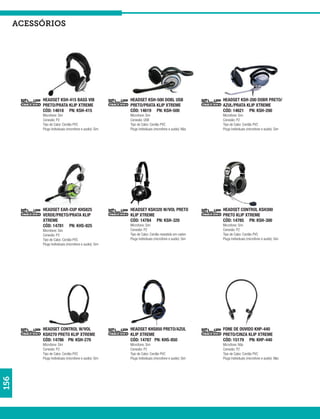 acessórios




           HEADSET KSH-415 BASS VIB                     HEADSET KSH-500 DOBL USB                     HEADSET KSH-200 DOBR PRETO/
           PRETO/PRATA KLIP XTREME                      PRETO/PRATA KLIP XTREME                      AZUL/PRATA KLIP XTREME
           CÓD: 14618 PN: KSH-415                       CÓD: 14619 PN: KSH-500                       CÓD: 14621 PN: KSH-200
           Microfone: Sim                               Microfone: Sim                               Microfone: Sim
           Conexão: P2                                  Conexão: USB                                 Conexão: P2
           Tipo de Cabo: Cordão PVC                     Tipo de Cabo: Cordão PVC                     Tipo de Cabo: Cordão PVC
           Plugs Individuais (microfone e audio): Sim   Plugs Individuais (microfone e audio): Não   Plugs Individuais (microfone e audio): Sim




           HEADSET EAR-CUP KHS825                       HEADSET KSH320 W/VOL PRETO                   HEADSET CONTROL KSH300
           VERDE/PRETO/PRATA KLIP                       KLIP XTREME                                  PRETO KLIP XTREME
           XTREME                                       CÓD: 14784 PN: KSH-320                       CÓD: 14785 PN: KSH-300
           CÓD: 14781 PN: KHS-825                       Microfone: Sim                               Microfone: Sim
           Microfone: Sim                               Conexão: P2                                  Conexão: P2
           Conexão: P2                                  Tipo de Cabo: Cordão revestido em nailon     Tipo de Cabo: Cordão PVC
           Tipo de Cabo: Cordão PVC                     Plugs Individuais (microfone e audio): Sim   Plugs Individuais (microfone e audio): Sim
           Plugs Individuais (microfone e audio): Sim




           HEADSET CONTROL W/VOL                        HEADSET KHS850 PRETO/AZUL                    FONE DE OUVIDO KHP-440
           KSH270 PRETO KLIP XTREME                     KLIP XTREME                                  PRETO/CINZA KLIP XTREME
           CÓD: 14786 PN: KSH-270                       CÓD: 14787 PN: KHS-850                       CÓD: 15179 PN: KHP-440
           Microfone: Sim                               Microfone: Sim                               Microfone: Não
           Conexão: P2                                  Conexão: P2                                  Conexão: P2
           Tipo de Cabo: Cordão PVC                     Tipo de Cabo: Cordão PVC                     Tipo de Cabo: Cordão PVC
           Plugs Individuais (microfone e audio): Sim   Plugs Individuais (microfone e audio): Sim   Plugs Individuais (microfone e audio): Não
156
 