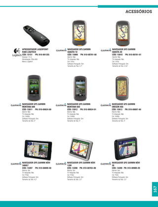 acessórios




APRESENTADOR LASERPOINT       NAVEGADOR GPS GARMIN          NAVEGADOR GPS GARMIN
R400 LOGITECH                 DAKOTA 10                     DAKOTA 20
CÓD: 15151 PN: 910-001355     CÓD: 15909 PN: 010-00781-00   CÓD: 15910 PN: 010-00781-01
Alcançe: 15 m                 Alarme: Não                   Alarme: Não
Alimentação: Pilha AAA        TV integrada: Não             TV integrada: Não
Marca: Logitech               Cor: Cinza                    Cor: Cinza
                              Software Português: Sim       Software Português: Sim
                              Tamanho da Tela: 2,7”         Tamanho da Tela: 2,54”




NAVEGADOR GPS GARMIN          NAVEGADOR GPS GARMIN          NAVEGADOR GPS GARMIN
MONTANA 600                   MONTANA 650                   OREGON 450
CÓD: 15911 PN: 010-00924-00   CÓD: 15912 PN: 010-00924-01   CÓD: 15913 PN: 010-00697-40
Alarme: Não                   Alarme: Não                   Alarme: Não
TV integrada: Não             TV integrada: Não             TV integrada: Não
Cor: Grafite                  Cor: Grafite                  Cor: Grafite
Software Português: Sim       Software Português: Sim       Software Português: Sim
Tamanho da Tela: 4”           Tamanho da Tela: 4”           Tamanho da Tela: 4”




NAVEGADOR GPS GARMIN NÜVI     NAVEGADOR GPS GARMIN NÜVI     NAVEGADOR GPS GARMIN NÜVI
3460LT                        1200                          30
CÓD: 14287 PN: 010-00009-40   CÓD: 14288 PN: 010-00783-4N   CÓD: 14289 PN: 010-00989-29
Alarme: Sim                   Alarme: Sim                   Alarme: Sim
TV integrada: Não             TV integrada: Não             TV integrada: Não
Cor: Preto                    Cor: Prata                    Cor: Preto
Software Português: Sim       Software Português: Sim       Software Português: Sim
Tamanho da Tela: 4,5”         Tamanho da Tela: 3,5”         Tamanho da Tela: 3,5”
                                                                                            167
 
