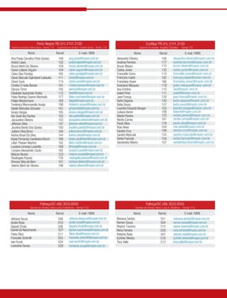 Porto Alegre/ RS (51) 2101.2100                                                                     Curitiba/ PR (41) 2101.2100
Gerente de Vendas: Marta Dáros - Ramal: 118   Supervisora de Vendas: Cristiane Gomes - Ramal: 139                       Gerente de Vendas: Angelisa Sãofelice - Ramal 105
                Nome                          Ramal                 E-mail / MSN                                   Nome                   Ramal                  E-mail / MSN
Ana Paula Carvalho Porto Santos                109        ana.porto@mazer.com.br                    Alexandre Oliveira                      106       alexandre.oliveira@mazer.com.br
André Lopes                                    132        andre.lopes@mazer.com.br                  Andreia Ferreira                        177       andreia.ferreira@mazer.com.br
Bruna Werb De Oliveira                         159        bruna.oliveira@mazer.com.br               Bruno Ribeiro                           113       bruno.ribeiro@mazer.com.br
Caren Lidiane Orguim                           104        caren.orguim@mazer.com.br                 Carlos Junior                           132       carlos.junior@mazer.com.br
Celso Dias Pantoja                             185        celso.pantoja@mazer.com.br                Francielle Corso                        110       francielle.corso@mazer.com.br
Clovis Marcelo Galimberti Leboutte             111        clovis@mazer.com.br                       Francyny Lopes                          102       francyny.lopes@mazer.com.br
Clovis Suris                                   114        clovis.suris@mazer.com.br                 Fransisley Xavier                       166       fransisley.xavier@mazer.com.br
Cristian D Avila Becker                        191        cristian.becker@mazer.com.br              Greiciane Marques                       119       greici.marques@mazer.com.br
Elenice Timm                                   105        elenice@mazer.com.br                      Iara Cristina                           112       iara@mazer.com.br
Elisabete Aparecida Orides                     112        bete@mazer.com.br                         Izabel Pinto                            111       izabel@mazer.com.br
Fabio Rodrigo Soares Machado                   177        fabio.machado@mazer.com.br                Jean França                             120       jean.franca@mazer.com.br
Felipe Weizenmann                              183        felipe@mazer.com.br                       Karla Segovia                           142       karla.segovia@mazer.com.br
Frederico Mammarella Araújo                    196        frederico.araujo@mazer.com.br             Katia Souza                             157       katia.souza@mazer.com.br
Gisele Maricelia Schuster                      181        gmaricelia@mazer.com.br                   Leandro Eduardo Borges                  103       leandro.borges@mazer.com.br
Ionara Vargas                                  165        ionara.vargas@mazer.com.br                Lidiane Bento                           108       lidiane@mazer.com.br
Isis Queli dos Santos                          103        isis.santos@mazer.com.br                  Marlei Pereira                          123       marlei.pereira@mazer.com.br
Jacqueline Oliveira                            153        jacqueline.oliveira@mazer.com.br          Nezita Correa                           101       nezita.correa@mazer.com.br
Jéferson Silva                                 147        jeferson.silva@mazer.com.br               Paulo Silva                             178       paulo.silva@mazer.com.br
Jocelina Bento Dos Santos                      193        jocelina.santos@mazer.com.br              Rosi Alves                              104       rosi.alves@mazer.com.br
Juliano Oliva Brum                             194        juliano.brum@mazer.com.br                 Sandra Cruz                             109       sandra.cruz@mazer.com.br
Karina Brasil Da Silva                         144        karina.silva@mazer.com.br                 Sandro Mysczak                          125       sandro.mysczak@mazer.com.br
Keyla Fernanda Cavalheiro Kirsch               186        keyla.cavalheiro@mazer.com.br             Sintia Francois                         154       sintia.francois@mazer.com.br
Lilian Theisen Martins                         102        lilian.martins@mazer.com.br               Vanderleia Ribeiro                      107       vanderleia.ribeiro@mazer.com.br
Luciana Limongi Luvizetto                      184        llimongi@mazer.com.br
Luciano Alexsander Couto                       182        luciano.couto@mazer.com.br
Maicon Nunes                                   123        maicon.nunes@mazer.com.br
Rosângela Passos                               135        rosangela.passos@mazer.com.br
Simone Silva de Bem                            101        simone.debem@mazer.com.br
Valeria Werb de Oliveira                       198        valeria.oliveira@mazer.com.br




                            Palhoça/SC (48) 3033.8500                                                                        Palhoça/SC (48) 3033.8500
                  Gerente de Vendas: Mara Lucia A.Medeiros - Ramal: 518                                             Gerente de Vendas: Mara Lucia A. Medeiros - Ramal: 518
                Nome                          Ramal                 E-mail / MSN                                   Nome                  Ramal                   E-mail / MSN
Adriana Souza                                  508        adriana.desouza@mazer.com.br              Mariana Santos                         521        mariana.santos@mazer.com.br
André Rosa                                     510        andre.rosa@mazer.com.br                   Ramon Souza                            504        ramon.sousa@mazer.com.br
Bayard Chula                                   506        bayard.chula@mazer.com.br                 Rejane Tavares                         512        rejane.tavares@mazer.com.br
Daniel do Nascimento                           527        daniel.nascimento@mazer.com.br            Rene Ferreira                          529        rene.ferreira@mazer.com.br
Fabio Silva                                    511        fabio.silva@mazer.com.br                  Roberto Roda                           507        roberto.roda@mazer.com.br
Franciele Schimitt                             503        franciele.schimitt@mazer.com.br           Schirlei Oliveira                      516        schirlei.oliveira@mazer.com.br
Ivan Kuntz                                     524        ivan.kuntz@mazer.com.br                   Tony Valle                             513        tony.valle@mazer.com.br
Leonardo Sousa                                 528        leonardo.sousa@mazer.com.br
 