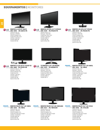 equipamentos | Monitores
28




         MONITOR LG LED 20” E2041C           MONITOR LCD LED LG 21”5 IPS224V       MONITOR LCD LED LG 23” IPS234V
         CÓD: 14972 PN: E2041C-PN            CÓD: 15376 PN: IPS224V-PN             CÓD: 15375 PN: IPS234V-PN
         Tamanho de Tela: 20”                Tamanho de Tela: 21,5”                Tamanho de Tela: 23”
         Resolução: 1600X900                 Resolução: 1920X1080                  Resolução: 1920X1080
         Tempo de Resposta: 5ms              Furação Vesa: VESA 75mm               Tempo de Resposta: 5ms
         Furação Vesa: VESA 75mm             Contraste: 5.000.000:1                Furação Vesa: VESA 75mm
         Contraste: 5.000.000:1              Conexões HDMI: 01                     Contraste: 5.000.000:1
         Conexões HDMI: Não                  Conexão USB: Não                      Conexões HDMI: 01
         Conexão USB: Não                    Ajuste de Altura: Não                 Conexão USB: Não
                                                                                   Ajuste de Altura: Não




         MONITOR LG LCD LED 23” D2343P 3D    TV MONITOR LG 25” LED M2550D          MONITOR PHILIPS 15,6’’ LED 166V3L
         CÓD: 16052 PN: D2343P-BN            CÓD: 14275 PN: M2550D-PS              CÓD: 13674 PN: 166V3L
         Tamanho de Tela: 23” - 3D           Tamanho de Tela: 25”                  Tamanho de Tela: 15,6”
         Resolução: 1920X1080                Resolução: 1920X1080                  Resolução: 1366X768
         Tempo de Resposta: 5ms              Tempo de Resposta: 5ms                Tempo de Resposta: 8ms
         Furação Vesa: Sim                   Furação Vesa: VESA 100mm              Furação Vesa: Não possui Furação
         Contraste: 5.000.000:1              Contraste: 5.000.000:1                Contraste: 10.000.000:1
         Conexões HDMI: 01                   Conexões HDMI: 01                     Conexões HDMI: Não
         Conexão USB: Não                    Conexão USB: 01                       Conexão USB: Não
         Ajuste de Altura: Não                                                     Ajuste de Altura: Não




         MONITOR PHILIPS 18,5’’ LED 196V3L   MONITOR PHILIPS 18,5’ LED 196V3LSB2   MONITOR PHILIPS 18,5” LED 191EL2
         CÓD: 13675 PN: 196V3L               CÓD: 15317 PN: 196V3LSB2              CÓD: 10784 PN: 191EL2SB
         Tamanho de Tela: 18,5”              Tamanho de Tela: 18,5”                Tamanho de Tela: 18,5”
         Resolução: 1366X768                 Resolução: 1360X768                   Resolução: 1366X768
         Tempo de Resposta: 5ms              Tempo de Resposta: 5ms                Tempo de Resposta: 5ms
         Furação Vesa: Não possui Furação    Furação Vesa: Não possui Furação      Furação Vesa: Não possui Furação
         Contraste: 10.000.000:1             Contraste: 10.000.000:1               Contraste: 20.000.000:1
         Conexões HDMI: Não                  Conexões HDMI: Não                    Conexões HDMI: Não
         Conexão USB: Não                    Conexão USB: Não                      Conexão USB: Não
         Ajuste de Altura: Não               Ajuste de Altura: Não                 Ajuste de Altura: Não
 