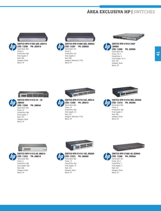 área exclusiva hp | Switches




SWITCH HPN V1405-08G JD841A   SWITCH HPN V1900-08G JD865A           SWITCH HPN V1910-24GP
CÓD: 13286 PN: JD841A         CÓD: 13287 PN: JD865A                 JE008A
Gerenciável: Não              Gerenciável: Sim                      CÓD: 13288 PN: JE008A
Portas: 8                     Portas: 8                             Gerenciável: Sim




                                                                                                  41
Portas/Fibra: Não             Portas/Fibra: Sim                     Portas: 24+4
Porta Gigabit: 8              Porta Gigabit: 8                      Portas/Fibra: 4
Rack: Não                     Rack: Não                             Porta Gigabit: 24+4
Voltagem: Bivolt              Voltagem: Monovolt (110V)             Rack: Sim
Marca: HP                     Marca: HP                             Voltagem: Bivolt
                                                                    Marca: HP




SWITCH HPN V1410-24 - 2G      SWITCH HPN V1410-24G J9561A           SWITCH HPN V1410-08G J9559A
J9664A                        CÓD: 13300 PN: J9561A                 CÓD: 13318 PN: J9559A
CÓD: 13294 PN: J9664A         Gerenciável: Não                      Gerenciável: Não
Gerenciável: Não              Portas: 24                            Portas: 8
Portas: 24                    Portas/Fibra: Não                     Portas/Fibra: Não
Portas/Fibra: Não             Porta Gigabit: 24                     Porta Gigabit: 8
Porta Gigabit: 2              Rack: Sim                             Rack: Não
Rack: Sim                     Voltagem: Monovolt (110V)             Voltagem: Bivolt
Voltagem: Bivolt              Marca: HP                             Marca: HP
Marca: HP




SWITCH HPN V1410-08 J9661A    SWITCH HPN V1410-16G J9560A           SWITCH HPN V1905-48 JD994A
CÓD: 13322 PN: J9661A         CÓD: 13323 PN: J9560A                 CÓD: 13386 PN: JD994A
Gerenciável: Não              Gerenciável: Não                      Gerenciável: Sim
Portas: 8                     Portas: 16                            Portas: 48+2
Portas/Fibra: Não             Portas/Fibra: Não                     Portas/Fibra: 2
Porta Gigabit: Não            Porta Gigabit: 16                     Porta Gigabit: 2
Rack: Não                     Rack: Sim                             Rack: Sim
Voltagem: Bivolt              Voltagem: Bivolt                      Voltagem: Bivolt
Marca: HP                     Marca: HP                             Marca: HP
 