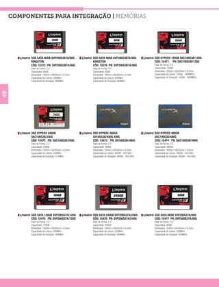 COMPONENTES PARA INTEGRAÇÃO | Memórias




           SSD SATA 60GB SVP200S3B7A/60G        SSD SATA 90GB SVP200S3B7A/90G              SSD HYPERX 120GB SKC100S3B/120G
           KINGSTON                             KINGSTON                                   CÓD: 15471 PN: SKC100S3B/120G
           CÓD: 15372 PN: SVP200S3B7A/60G       CÓD: 15378 PN: SVP200S3B7A/90G             Fator de Forma: 2.5”
           Fator de Forma: 2.5”                 Fator de Forma: 2.5”                       Capacidade: 120GB
           Capacidade: 60GB                     Capacidade: 90GB                           Dimensões: 100mm x 69,85mm x 9,5mm
           Dimensões: 100mm x 69,85mm x 9,5mm   Dimensões: 100mm x 69,85mm x 9,5mm         Capacidade de Leitura: 120GB - 280MBP/s
           Capacidade de Leitura: 535MB/s       Capacidade de Leitura: 535MB/s             Capacidade de Gravação: 120GB - 260MBP/s
           Capacidade de Gravação: 460MB/s      Capacidade de Gravação: 460MB/s
48




           SSD HYPERX 240GB                     SSD HYPERX 480GB                           SSD HYPERX 480GB
           SKC100S3B/240G                       SH100S3B/480G KING                         SKC100S3B/480G
           CÓD: 15472 PN: SKC100S3B/240G        CÓD: 15473 PN: SH100S3B/480G               CÓD: 15474 PN: SKC100S3B/480G
           Fator de Forma: 2.5”                 Fator de Forma: 2.5”                       Fator de Forma: 2.5”
           Capacidade: 240GB                    Capacidade: 480GB                          Capacidade: 480GB
           Dimensões: 100mm x 69,85mm x 9,5mm   Dimensões: 100mm x 69,85mm x 9,5mm         Dimensões: 100mm x 69,85mm x 9,5mm
           Capacidade de Leitura: 555MB/s       Capacidade de Leitura: 480GB - 540 GB/s    Capacidade de Leitura: 480GB - 540 GB/s
           Capacidade de Gravação: 510MB/s      Capacidade de Gravação: 480GB - 450 GB/s   Capacidade de Gravação: 480GB - 450 GB/s




           SSD SATA 120GB SVP200S37A/120G       SSD SATA 240GB SVP200S37A/240G             SSD SATA 60GB SVP200S37A/60G
           CÓD: 15475 PN: SVP200S37A/120G       CÓD: 15476 PN: SVP200S37A/240G             CÓD: 15477 PN: SVP200S37A/60G
           Fator de Forma: 2.5”                 Fator de Forma: 2.5”                       Fator de Forma: 2.5”
           Capacidade: 120GB                    Capacidade: 240GB                          Capacidade: 60GB
           Dimensões: 100mm x 69,85mm x 9,5mm   Dimensões: 100mm x 69,85mm x 9,5mm         Dimensões: 100mm x 69,85mm x 9,5mm
           Capacidade de Leitura: 535MB/s       Capacidade de Leitura: 535MB/s             Capacidade de Leitura: 535MB/s
           Capacidade de Gravação: 480MB/s      Capacidade de Gravação: 480MB/s            Capacidade de Gravação: 460MB/s
 