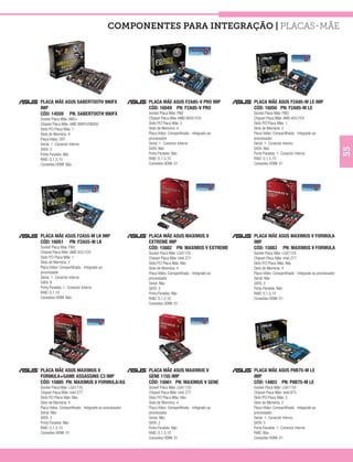 COMPONENTES PARA INTEGRAÇÃO | Placas-mãe




PLACA MÃE ASUS SABERTOOTH 990FX                         PLACA MÃE ASUS F2A85-V PRO IMP              PLACA MÃE ASUS F2A85-M LE IMP
IMP                                                     CÓD: 16049 PN: F2A85-V PRO                  CÓD: 16050 PN: F2A85-M LE
CÓD: 14559 PN: SABERTOOTH 990FX                         Socket Placa Mãe: FM2                       Socket Placa Mãe: FM2
Socket Placa Mãe: AM3+                                  Chipset Placa Mãe: AMD A85X FCH             Chipset Placa Mãe: AMD A55 FCH
Chipset Placa Mãe: AMD 990FX/SB950                      Slots PCI Placa Mãe: 2                      Slots PCI Placa Mãe: 1
Slots PCI Placa Mãe: 1                                  Slots de Memória: 4                         Slots de Memória: 2
Slots de Memória: 4                                     Placa Vídeo: Compartilhada - Integrado ao   Placa Vídeo: Compartilhada - Integrado ao
Placa Vídeo: OFF                                        processador                                 processador
Serial: 1- Conector Interno                             Serial: 1- Conector Interno                 Serial: 1- Conector Interno
                                                        SATA: Não                                   SATA: Não




                                                                                                                                                            55
SATA: 2
Porta Paralela: Não                                     Porta Paralela: Não                         Porta Paralela: 1- Conector Interno
RAID: 0,1,5,10                                          RAID: 0,1,5,10                              RAID: 0,1,5,10
Conexões HDMI: Não                                      Conexões HDMI: 01                           Conexões HDMI: 01




PLACA MÃE ASUS F2A55-M LK IMP                           PLACA MÃE ASUS MAXIMUS V                    PLACA MÃE ASUS MAXIMUS V FORMULA
CÓD: 16051 PN: F2A55-M LK                               EXTREME IMP                                 IMP
Socket Placa Mãe: FM2                                   CÓD: 15882 PN: MAXIMUS V EXTREME            CÓD: 15883 PN: MAXIMUS V FORMULA
Chipset Placa Mãe: AMD A55 FCH                          Socket Placa Mãe: LGA1155                   Socket Placa Mãe: LGA1155
Slots PCI Placa Mãe: 1                                  Chipset Placa Mãe: Intel Z77                Chipset Placa Mãe: Intel Z77
Slots de Memória: 2                                     Slots PCI Placa Mãe: Não                    Slots PCI Placa Mãe: Não
Placa Vídeo: Compartilhada - Integrado ao               Slots de Memória: 4                         Slots de Memória: 4
processador                                             Placa Vídeo: Compartilhada - Integrado ao   Placa Vídeo: Compartilhada - Integrado ao processador
Serial: 1- Conector Interno                             processador                                 Serial: Não
SATA: 6                                                 Serial: Não                                 SATA: 2
Porta Paralela: 1- Conector Interno                     SATA: 3                                     Porta Paralela: Não
RAID: 0,1,10                                            Porta Paralela: Não                         RAID: 0,1,5,10
Conexões HDMI: Não                                      RAID: 0,1,5,10                              Conexões HDMI: 01
                                                        Conexões HDMI: 01




PLACA MÃE ASUS MAXIMUS V                                PLACA MÃE ASUS MAXIMUS V                    PLACA MÃE ASUS P8B75-M LE
FORMULA+GAME ASSASSINS C3 IMP                           GENE 1155 IMP                               IMP
CÓD: 15885 PN: MAXIMUS V FORMULA/AS                     CÓD: 15661 PN: MAXIMUS V GENE               CÓD: 14803 PN: P8B75-M LE
Socket Placa Mãe: LGA1155                               Socket Placa Mãe: LGA1155                   Socket Placa Mãe: LGA1155
Chipset Placa Mãe: Intel Z77                            Chipset Placa Mãe: Intel Z77                Chipset Placa Mãe: Intel B75
Slots PCI Placa Mãe: Não                                Slots PCI Placa Mãe: Não                    Slots PCI Placa Mãe: 2
Slots de Memória: 4                                     Slots de Memória: 4                         Slots de Memória: 2
Placa Vídeo: Compartilhada - Integrado ao processador   Placa Vídeo: Compartilhada - Integrado ao   Placa Vídeo: Compartilhada - Integrado ao
Serial: Não                                             processador                                 processador
SATA: 2                                                 Serial: Não                                 Serial: 1- Conector Interno
Porta Paralela: Não                                     SATA: 2                                     SATA: 5
RAID: 0,1,5,10                                          Porta Paralela: Não                         Porta Paralela: 1- Conector Interno
Conexões HDMI: 01                                       RAID: 0,1,5,10                              RAID: Não
                                                        Conexões HDMI: 01                           Conexões HDMI: 01
 