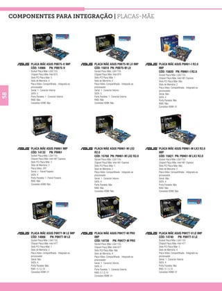 COMPONENTES PARA INTEGRAÇÃO | Placas-mãe




           PLACA MÃE ASUS P8B75-V IMP                  PLACA MÃE ASUS P8B75-M LX IMP               PLACA MÃE ASUS P8H61-I R2.0
           CÓD: 14966 PN: P8B75-V                      CÓD: 15819 PN: P8B75-M LX                   IMP
           Socket Placa Mãe: LGA1155                   Socket Placa Mãe: LGA1155                   CÓD: 15820 PN: P8H61-I R2.0
           Chipset Placa Mãe: Intel B75                Chipset Placa Mãe: Intel B75                Socket Placa Mãe: LGA1155
           Slots PCI Placa Mãe: 3                      Slots PCI Placa Mãe: 1                      Chipset Placa Mãe: Intel H61 Express
           Slots de Memória: 4                         Slots de Memória: 2                         Slots PCI Placa Mãe: Não
           Placa Vídeo: Compartilhada - Integrado ao   Placa Vídeo: Compartilhada - Integrado ao   Slots de Memória: 2
           processador                                 processador                                 Placa Vídeo: Compartilhada - Integrado ao
           Serial: 1- Conector Interno                 Serial: 1- Conector Interno                 processador
           SATA: 5                                     SATA: 5
58




                                                                                                   Serial: Não
           Porta Paralela: 1- Conector Interno         Porta Paralela: 1- Conector Interno         SATA: 4
           RAID: Não                                   RAID: Não                                   Porta Paralela: Não
           Conexões HDMI: Não                          Conexões HDMI: Não                          RAID: Não
                                                                                                   Conexões HDMI: 01




           PLACA MÃE ASUS P8H61 IMP                    PLACA MÃE ASUS P8H61-M LX2                  PLACA MÃE ASUS P8H61-M LX3 R2.0
           CÓD: 14132 PN: P8H61                        R2.0                                        IMP
           Socket Placa Mãe: LGA1155                   CÓD: 15768 PN: P8H61-M LX2 R2.0             CÓD: 15821 PN: P8H61-M LX3 R2.0
           Chipset Placa Mãe: Intel H61 Express        Socket Placa Mãe: LGA1155                   Socket Placa Mãe: LGA1155
           Slots PCI Placa Mãe: 3                      Chipset Placa Mãe: Intel H61 Express        Chipset Placa Mãe: Intel H61 Express
           Slots de Memória: 2                         Slots PCI Placa Mãe: 1                      Slots PCI Placa Mãe: Não
           Placa Vídeo: OFF                            Slots de Memória: 2                         Slots de Memória: 2
           Serial: 1- Painel Traseiro                  Placa Vídeo: Compartilhada - Integrado ao   Placa Vídeo: Compartilhada - Integrado ao
           SATA: 4                                     processador                                 processador
           Porta Paralela: 1- Painel Traseiro          Serial: 1- Conector Interno                 Serial: Não
           RAID: Não                                   SATA: 4                                     SATA: 4
           Conexões HDMI: Não                          Porta Paralela: Não                         Porta Paralela: Não
                                                       RAID: Não                                   RAID: Não
                                                       Conexões HDMI: Não                          Conexões HDMI: Não




           PLACA MÃE ASUS P8H77-M LE IMP               PLACA MÃE ASUS P8H77-M PRO                  PLACA MÃE ASUS P8H77-V LE IMP
           CÓD: 14806 PN: P8H77-M LE                   IMP                                         CÓD: 14740 PN: P8H77-V LE
           Socket Placa Mãe: LGA1155                   CÓD: 14739 PN: P8H77-M PRO                  Socket Placa Mãe: LGA1155
           Chipset Placa Mãe: Intel H77                Socket Placa Mãe: LGA1155                   Chipset Placa Mãe: Intel H77
           Slots PCI Placa Mãe: 1                      Chipset Placa Mãe: Intel H77                Slots PCI Placa Mãe: 3
           Slots de Memória: 2                         Slots PCI Placa Mãe: Não                    Slots de Memória: 4
           Placa Vídeo: Compartilhada - Integrado ao   Slots de Memória: 4                         Placa Vídeo: Compartilhada - Integrado ao
           processador                                 Placa Vídeo: Compartilhada - Integrado ao   processador
           Serial: Não                                 processador                                 Serial: 1- Conector Interno
           SATA: 4                                     Serial: 1- Conector Interno                 SATA: 4
           Porta Paralela: Não                         SATA: 4                                     Porta Paralela: Não
           RAID: 0,1,5,10                              Porta Paralela: 1- Conector Interno         RAID: 0,1,5,10
           Conexões HDMI: 01                           RAID: 0,1,5,10                              Conexões HDMI: 01
                                                       Conexões HDMI: 01
 