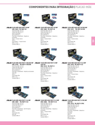 COMPONENTES PARA INTEGRAÇÃO | Placas-mãe




PLACA MÃE ASUS P8H77-M IMP                              PLACA MÃE ASUS P8Z77-M IMP                  PLACA MÃE ASUS P8Z77-M PRO IMP
CÓD: 15818 PN: P8H77-M                                  CÓD: 14804 PN: P8Z77-M                      CÓD: 14741 PN: P8Z77-M PRO
Socket Placa Mãe: LGA1155                               Socket Placa Mãe: LGA1155                   Socket Placa Mãe: LGA1155
Chipset Placa Mãe: Intel H77                            Chipset Placa Mãe: Intel Z77                Chipset Placa Mãe: Intel Z77
Slots PCI Placa Mãe: 1                                  Slots PCI Placa Mãe: 1                      Slots PCI Placa Mãe: Não
Slots de Memória: 4                                     Slots de Memória: 4                         Slots de Memória: 4
Placa Vídeo: Compartilhada - Integrado ao               Placa Vídeo: Compartilhada - Integrado ao   Placa Vídeo: Compartilhada - Integrado ao
processador                                             processador                                 processador
Serial: 1- Conector Interno                             Serial: 1- Conector Interno                 Serial: 1- Conector Interno
SATA: 4                                                 SATA: 4                                     SATA: 4




                                                                                                                                                59
Porta Paralela: 1- Conector Interno                     Porta Paralela: Não                         Porta Paralela: Não
RAID: 0,1,5,10                                          RAID: 0,1,5,10                              RAID: 0,1,5,10
Conexões HDMI: 01                                       Conexões HDMI: 01                           Conexões HDMI: 01




PLACA MÃE ASUS P8Z77-V DELUXE IMP                       PLACA MÃE ASUS P8Z77-V IMP                  PLACA MÃE ASUS P8Z77-V LE IMP
CÓD: 14742 PN: P8Z77-V DELUXE                           LGA1155                                     CÓD: 14743 PN: P8Z77-V LE
Socket Placa Mãe: LGA1155                               CÓD: 15133 PN: P8Z77-V                      Socket Placa Mãe: LGA1155
Chipset Placa Mãe: Intel Z77                            Socket Placa Mãe: LGA1155                   Chipset Placa Mãe: Intel Z77
Slots PCI Placa Mãe: Não                                Chipset Placa Mãe: Intel Z77                Slots PCI Placa Mãe: 3
Slots de Memória: 4                                     Slots PCI Placa Mãe: 2                      Slots de Memória: 4
Placa Vídeo: Compartilhada - Integrado ao processador   Slots de Memória: 4                         Placa Vídeo: Compartilhada - Integrado ao
Serial: Não                                             Placa Vídeo: Compartilhada - Integrado ao   processador
SATA: 4                                                 processador                                 Serial: 1- Conector Interno
Porta Paralela: Não                                     Serial: 1- Conector Interno                 SATA: 4
RAID: 0,1,10                                            SATA: 4                                     Porta Paralela: Não
Conexões HDMI: 01                                       Porta Paralela: Não                         RAID: 0,1,5,10
                                                        RAID: 0,1,5,10                              Conexões HDMI: 01
                                                        Conexões HDMI: 01




PLACA MÃE ASUS P8Z77-V LK IMP                           PLACA MÃE ASUS P8Z77-V LX IMP               PLACA MÃE ASUS P8Z77-V PRO IMP
CÓD: 14807 PN: P8Z77-V LK                               CÓD: 14805 PN: P8Z77-V LX                   LGA1155
Socket Placa Mãe: LGA1155                               Socket Placa Mãe: LGA1155                   CÓD: 15132 PN: P8Z77-V PRO
Chipset Placa Mãe: Intel Z77                            Chipset Placa Mãe: Intel Z77                Socket Placa Mãe: LGA1155
Slots PCI Placa Mãe: 2                                  Slots PCI Placa Mãe: 3                      Chipset Placa Mãe: Intel Z77
Slots de Memória: 4                                     Slots de Memória: 4                         Slots PCI Placa Mãe: 2
Placa Vídeo: Compartilhada - Intel HD Graphics          Placa Vídeo: Compartilhada - Integrado ao   Slots de Memória: 4
Serial: 1- Conector Interno                             processador                                 Placa Vídeo: Compartilhada - Integrado ao
SATA: 4                                                 Serial: 1- Conector Interno                 processador
Porta Paralela: Não                                     SATA: 4                                     Serial: Não
RAID: Não                                               Porta Paralela: Não                         SATA: 4
Conexões HDMI: 01                                       RAID: 0,1,5,10                              Porta Paralela: Não
                                                        Conexões HDMI: 01                           RAID: 0,1,5,10
                                                                                                    Conexões HDMI: 01
 