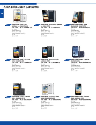 ÁREA exclusiva SAMSUNG
6




         SMARTPHONE GALAXY NOTE             SMARTPHONE GALAXY NOTE SAMSUNG     SMARTPHONE GALAXY BEAM
         SAMSUNG 5.3 N7000 BRANCO           5,3 N7000 PRETO                    SAMSUNG GT-I8530 PRETO
         CÓD: 15079 PN: GT-N7000RWLZTO      CÓD: 15081 PN: GT-N7000ZBLZTO      CÓD: 15221 PN: GT-I8530BALZTO
         Cor: Branco                        Cor: Preto                         Cor: Preto
         Tamanho de Tela: 5,3”              Tamanho de Tela: 5,3”              Tamanho de Tela: 4”
         Memória Interna: 16GB              Memória Interna: 16GB              Memória Interna: 8GB
         Sistema Operacional: Android 2.3   Sistema Operacional: Android 2.3   Sistema Operacional: Android 2.3
         3G: Sim                            3G: Sim                            3G: Sim
         Câmera: 8.0MP                      Câmera: 8.0MP                      Câmera: 5.0MP




         SMARTPHONE GALAXY ACE PLUS         SMARTPHONE GALAXY S II I9100       SMARTPHONE GALAXY S III I9300
         S7500 SAMSUNG AZUL                 SAMSUNG PRETO                      SAMSUNG AZUL
         CÓD: 15265 PN: GT-S7500ABPZTO      CÓD: 15266 PN: GT-I9100LKPZTO      CÓD: 15267 PN: GT-I9300MBPZTO
         Cor: Preto                         Cor: Preto                         Cor: Azul
         Tamanho de Tela: 3,7”              Tamanho de Tela: 4,27”             Tamanho de Tela: 4,8”
         Memória Interna: 3GB               Memória Interna: 16GB              Memória Interna: 16GB
         Sistema Operacional: Android 2.3   Sistema Operacional: Android 2.3   Sistema Operacional: Android 4.0
         3G: Sim                            3G: Sim                            3G: Sim
         Câmera: 5.0MP                      Câmera: 8.0MP                      Câmera: 8.0MP




         SMARTPHONE GALAXY Y PRODUO         SMARTPHONE GALAXY ACE DUOS         SMARTPHONE GALAXY ACE DUOS
         B5512 SAMSUNG PRETO                S6802 SAMSUNG BRANCO               S6802 SAMSUNG PRETO
         CÓD: 15268 PN: GT-B5512HKPZTO      CÓD: 15286 PN: GT-S6802CWPZTO      CÓD: 15287 PN: GT-S6802HKPZTO
         Cor: Preto                         Cor: Branco                        Cor: Preto
         Tamanho de Tela: 2,54”             Tamanho de Tela: 3,5”              Tamanho de Tela: 3,5”
         Memória Interna: 100MB             Memória Interna: 3GB               Memória Interna: 3GB
         Sistema Operacional: Android 2.3   Sistema Operacional: Android 2.3   Sistema Operacional: Android 2.3
         3G: Sim                            3G: Sim                            3G: Sim
         Câmera: 3.2MP                      Câmera: 5.0MP                      Câmera: 5.0MP
 
