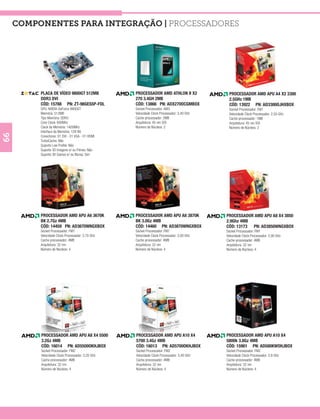 COMPONENTES PARA INTEGRAÇÃO | Processadores




              PLACA DE VÍDEO 9800GT 512MB              PROCESSADOR AMD ATHLON II X2              PROCESSADOR AMD APU A4 X2 3300
          ®




              DDR3 DVI                                 270 3.4GH 2MB                             2.5GHz 1MB
              CÓD: 15788 PN: ZT-98GES5P-FDL            CÓD: 13866 PN: ADX270OCGMBOX              CÓD: 13922 PN: AD3300OJHXBOX
              GPU: NVIDIA GeForce 9800GT               Socket Processador: AM3                   Socket Processador: FM1
              Memória: 512MB                           Velocidade Clock Processador: 3,40 GHz    Velocidade Clock Processador: 2,50 GHz
              Tipo Memória: DDR3                       Cache processador: 2MB                    Cache processador: 1MB
              Core Clock: 600Mhz                       Arquitetura: 45 nm SOI                    Arquitetura: 45 nm SOI
              Clock da Memória: 1400MHz                Número de Núcleos: 2                      Número de Núcleos: 2
              Interface da Memória: 128-Bit
66




              Conectores: 01 DVI - 01 VGA - 01 HDMI
              TurboCache: Não
              Suporte Low Profile: Não
              Suporte 3D Imagens e/ ou Filmes: Não
              Suporte 3D Games e/ ou Bluray: Sim




              PROCESSADOR AMD APU A6 3670K             PROCESSADOR AMD APU A8 3870K             PROCESSADOR AMD APU A8 X4 3850
              BK 2.7Gz 4MB                             BK 3.0Gz 4MB                             2.9Ghz 4MB
              CÓD: 14459 PN: AD3670WNGXBOX             CÓD: 14460 PN: AD3870WNGXBOX             CÓD: 13173 PN: AD3850WNGXBOX
              Socket Processador: FM1                  Socket Processador: FM1                  Socket Processador: FM1
              Velocidade Clock Processador: 2,70 GHz   Velocidade Clock Processador: 3,00 GHz   Velocidade Clock Processador: 2,90 GHz
              Cache processador: 4MB                   Cache processador: 4MB                   Cache processador: 4MB
              Arquitetura: 32 nm                       Arquitetura: 32 nm                       Arquitetura: 32 nm
              Número de Núcleos: 4                     Número de Núcleos: 4                     Número de Núcleos: 4




              PROCESSADOR AMD APU A8 X4 5500           PROCESSADOR AMD APU A10 X4               PROCESSADOR AMD APU A10 X4
              3.2Gz 4MB                                5700 3.4Gz 4MB                           5800k 3.8Gz 4MB
              CÓD: 16014 PN: AD5500OKHJBOX             CÓD: 16013 PN: AD5700OKHJBOX             CÓD: 15901 PN: AD580KWOHJBOX
              Socket Processador: FM2                  Socket Processador: FM2                  Socket Processador: FM2
              Velocidade Clock Processador: 3,20 GHz   Velocidade Clock Processador: 3,40 GHz   Velocidade Clock Processador: 3,8 GHz
              Cache processador: 4MB                   Cache processador: 4MB                   Cache processador: 4MB
              Arquitetura: 32 nm                       Arquitetura: 32 nm                       Arquitetura: 32 nm
              Número de Núcleos: 4                     Número de Núcleos: 4                     Número de Núcleos: 4
 
